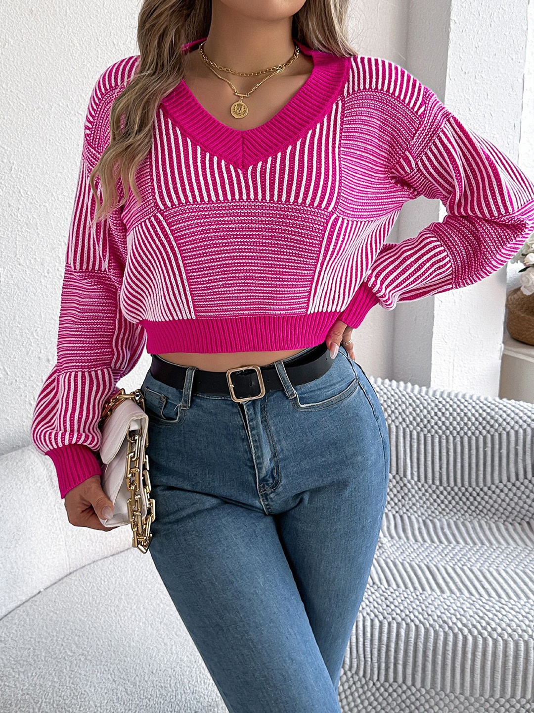 

StyleCast x Revolte Women Striped Crop Pullover, Fuchsia