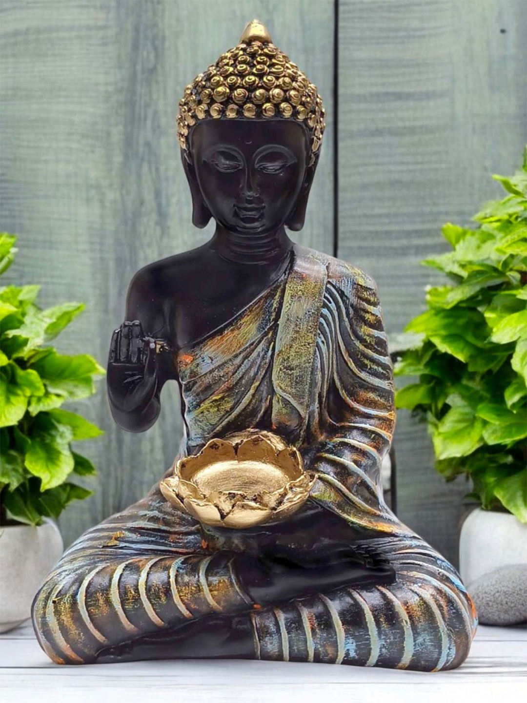 

VIVARS CRAFT Gold-Tone And Black Buddha Figurine Showpiece