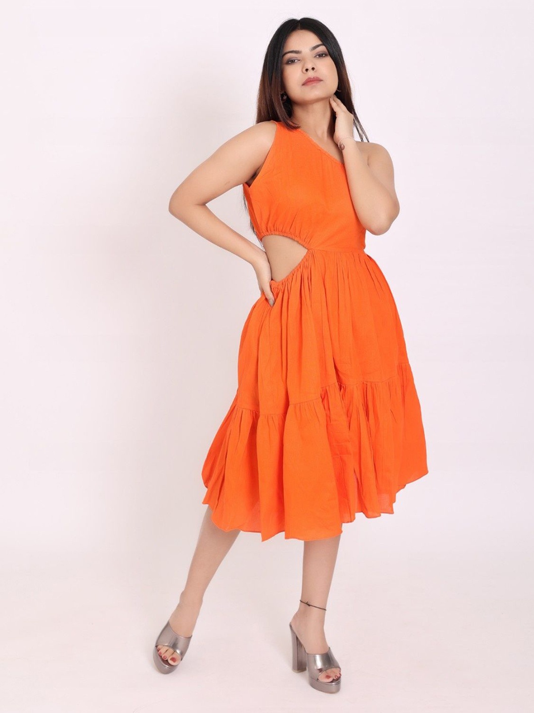 

DRESENCE Women One Shoulder Cut-Outs Tiered Fit & Flare Dress, Orange