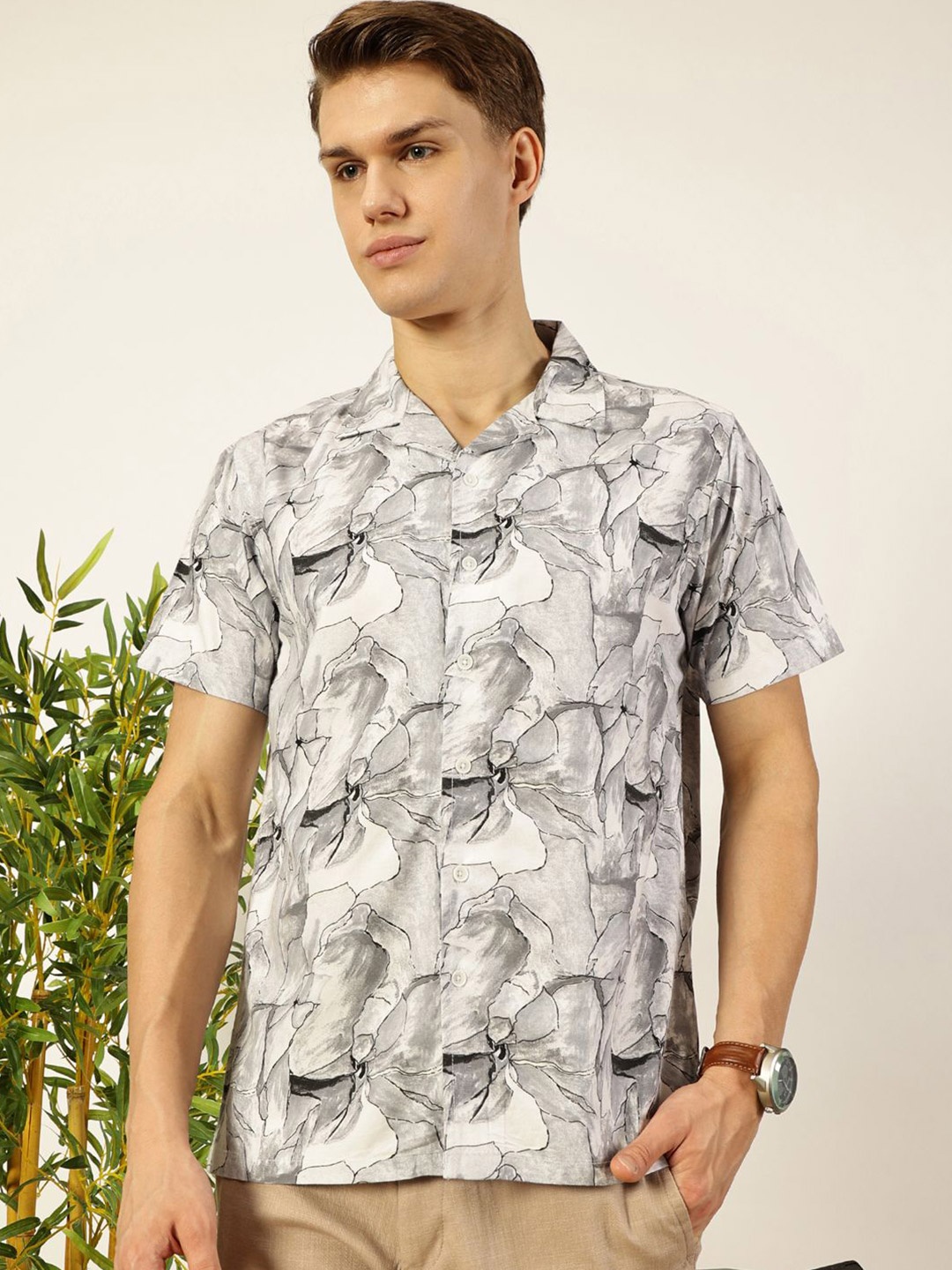 

Mast & Harbour Men Cuban Collar Floral Printed Cotton Casual Shirt, Grey