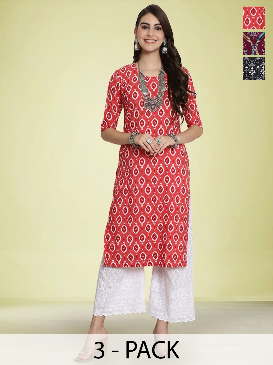 

Moda Rapido Selection Of 3 Ethnic Motifs Printed Round Neck Straight Kurtas, Red