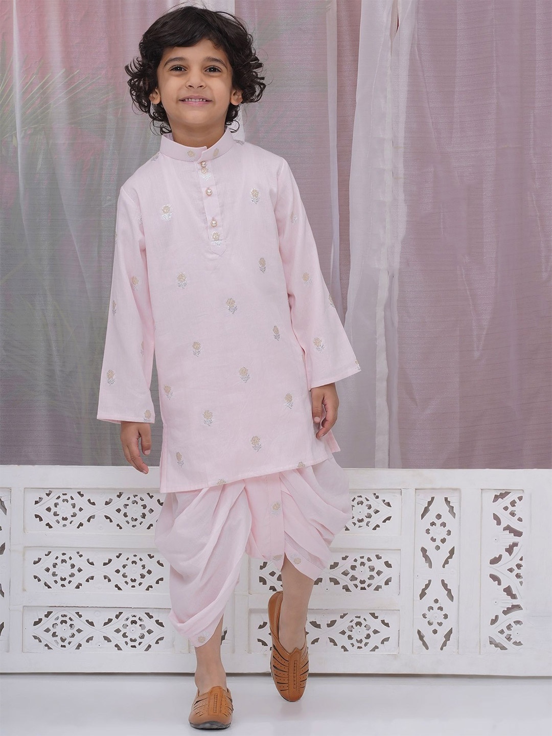 

Little Bansi Boys Floral Woven Design Mandarin Collar Pure Cotton Kurta With Dhoti Pants, Pink