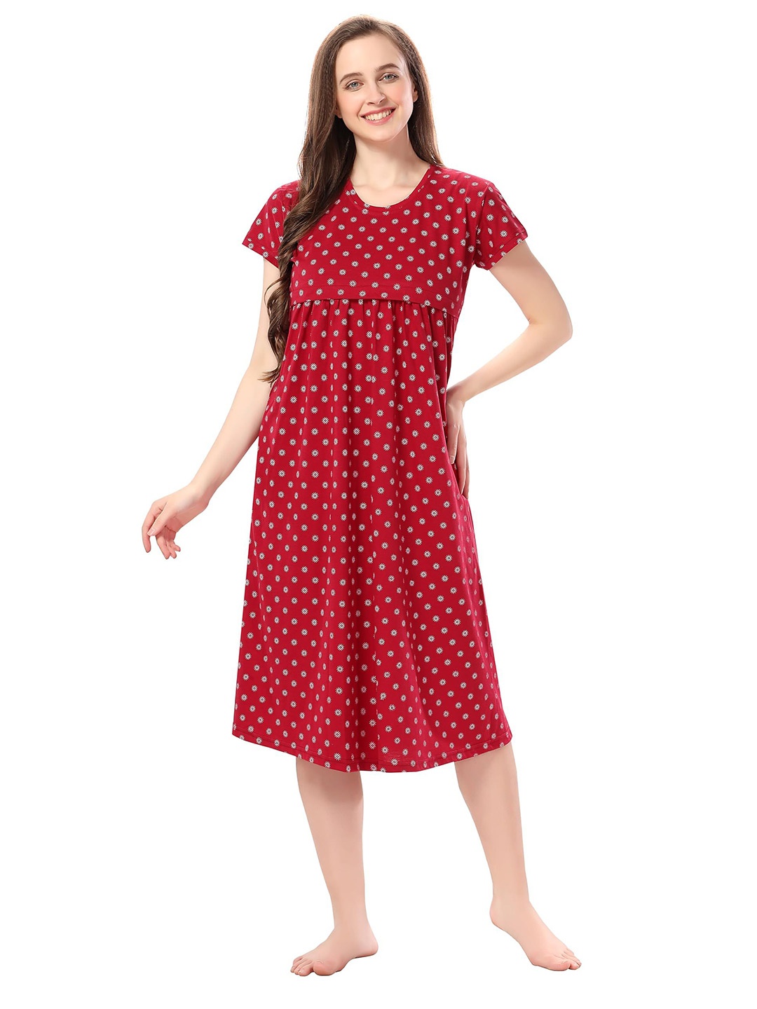 

TIGYWIGY Women Polka Dots Printed Cotton Maternity Nightdress, Maroon