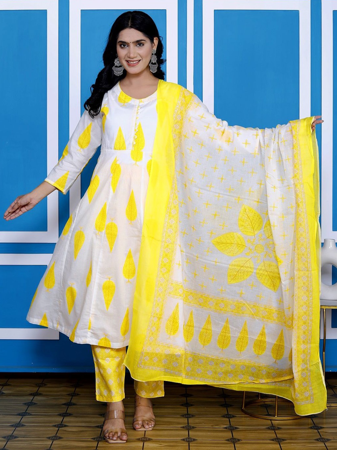 

Moda Rapido Floral Printed Round Neck Pure Cotton Anarkali Kurta With Trouser And Dupatta, Yellow