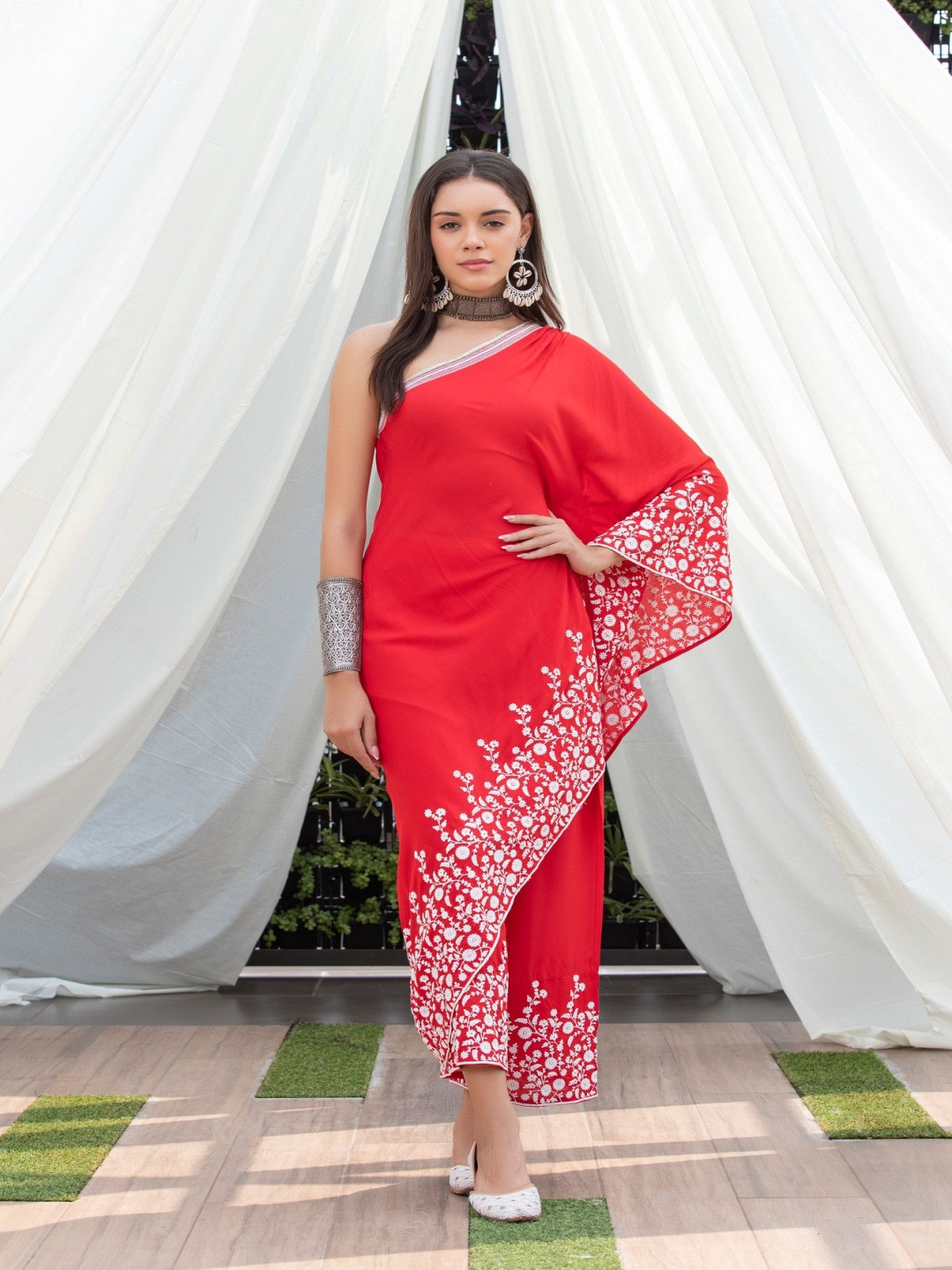 

SEW Floral Embroidered One Shoulder Neck Pure Cotton Top With Trouser, Red