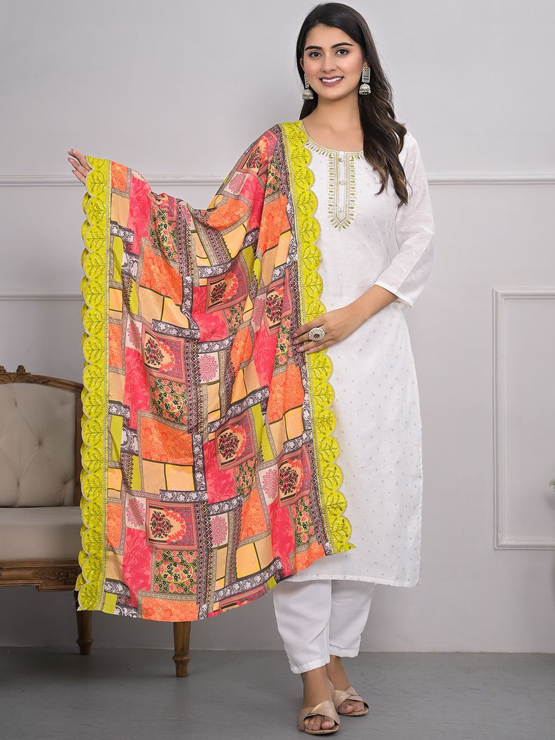 

Meena Bazaar Woven Design Thread Work Cotton Straight Kurta With Trouser And Dupatta, White