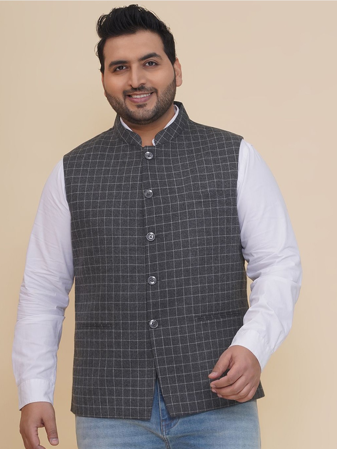 

John Pride Men Plus Size Regular Fit Checked Nehru Jacket, Grey