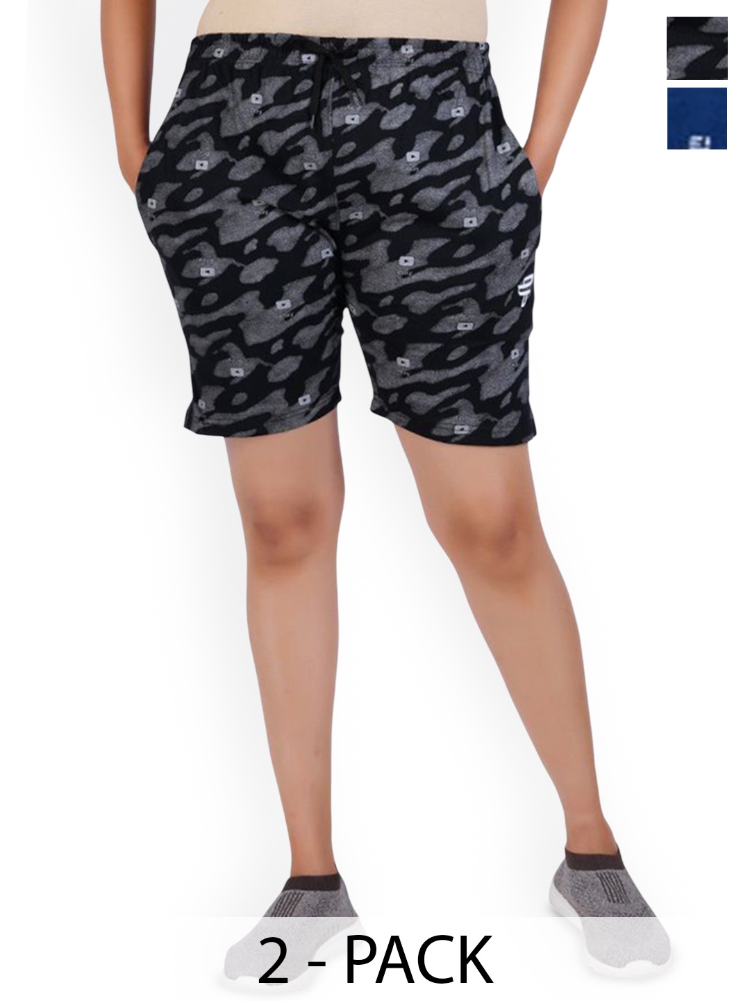 

FEEL TRACK Women Pack Of 2 Printed Mid-Rise Cotton Shorts, Black