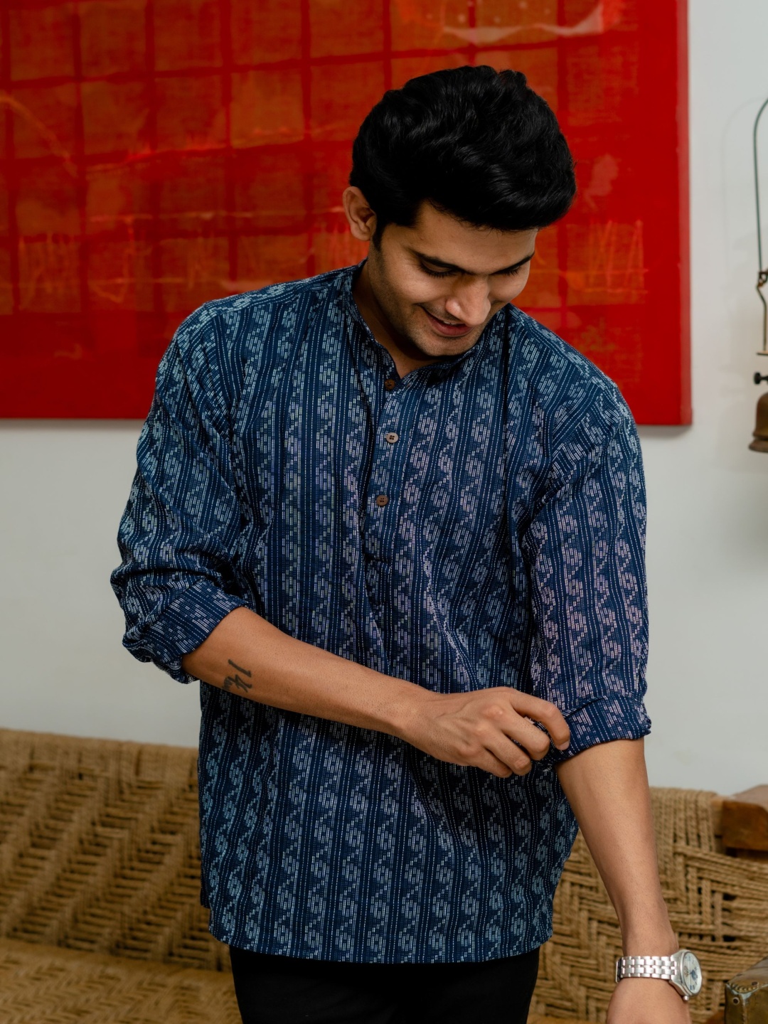 

Shasak Men Navy Blue Ethnic Motifs Printed Kurta