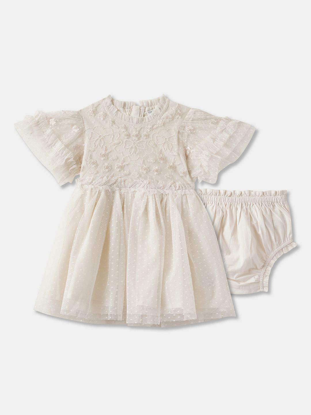 

R&B Girls Embroidered Flared Sleeve Ruffles Cotton Fit & Flare Dress, White