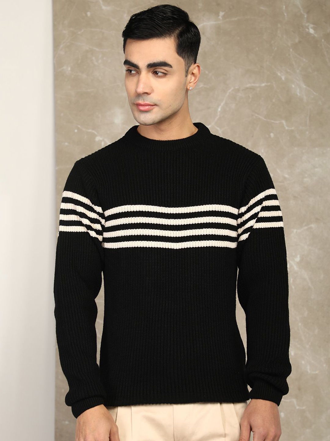 

CHKOKKO Men Striped Pullover Sweater, Black