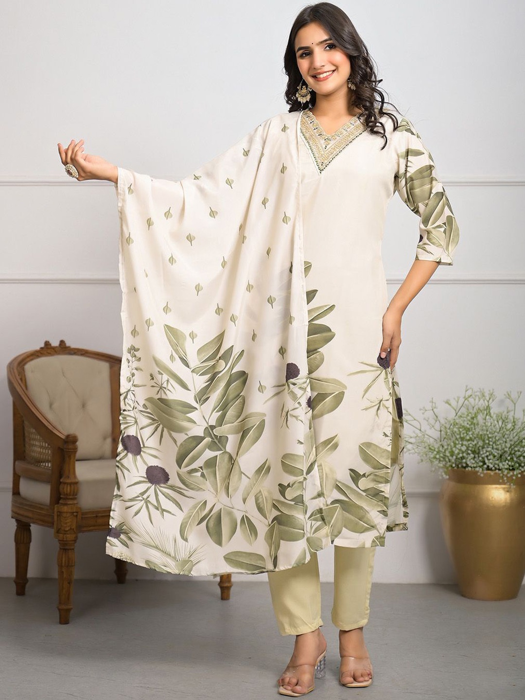 

Meena Bazaar Floral Embroidered V-Neck Sequinned Straight Kurta With Trouser & Dupatta, Beige