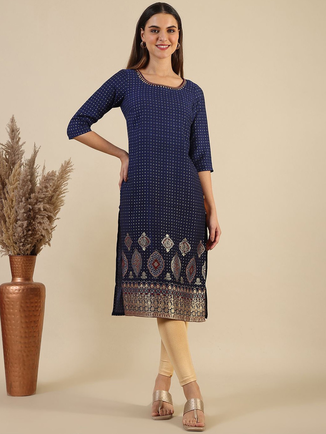 

AURELIA Ethnic Motifs Printed Round Neck Sequins Straight Kurta, Blue