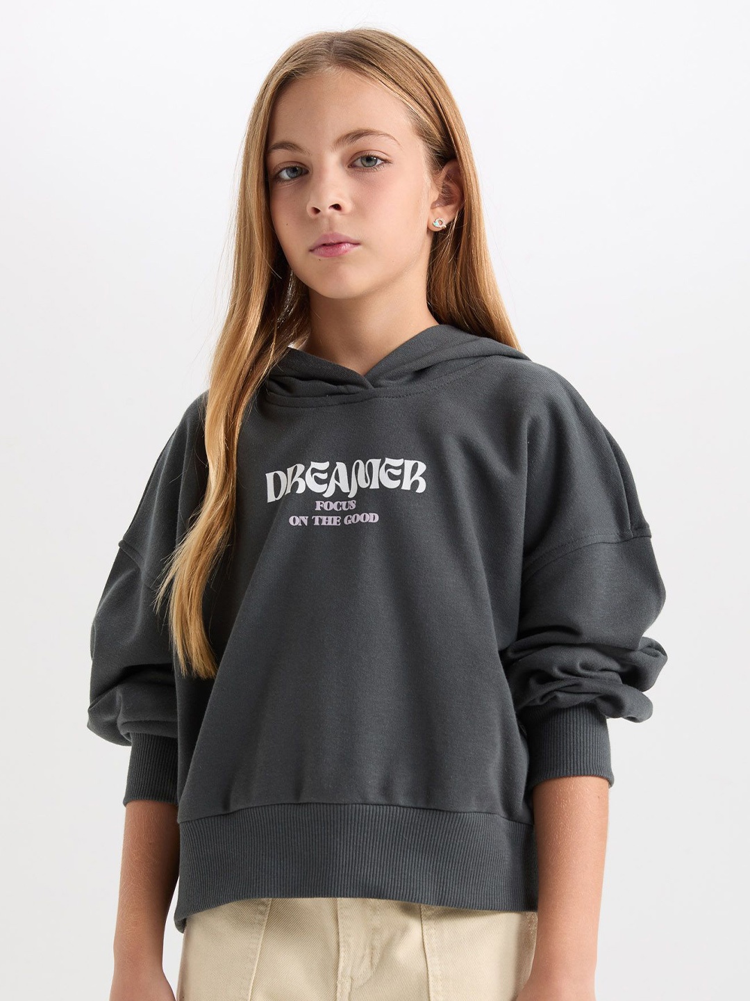 

DeFacto Girls Typography Printed Hooded Pullover, Grey