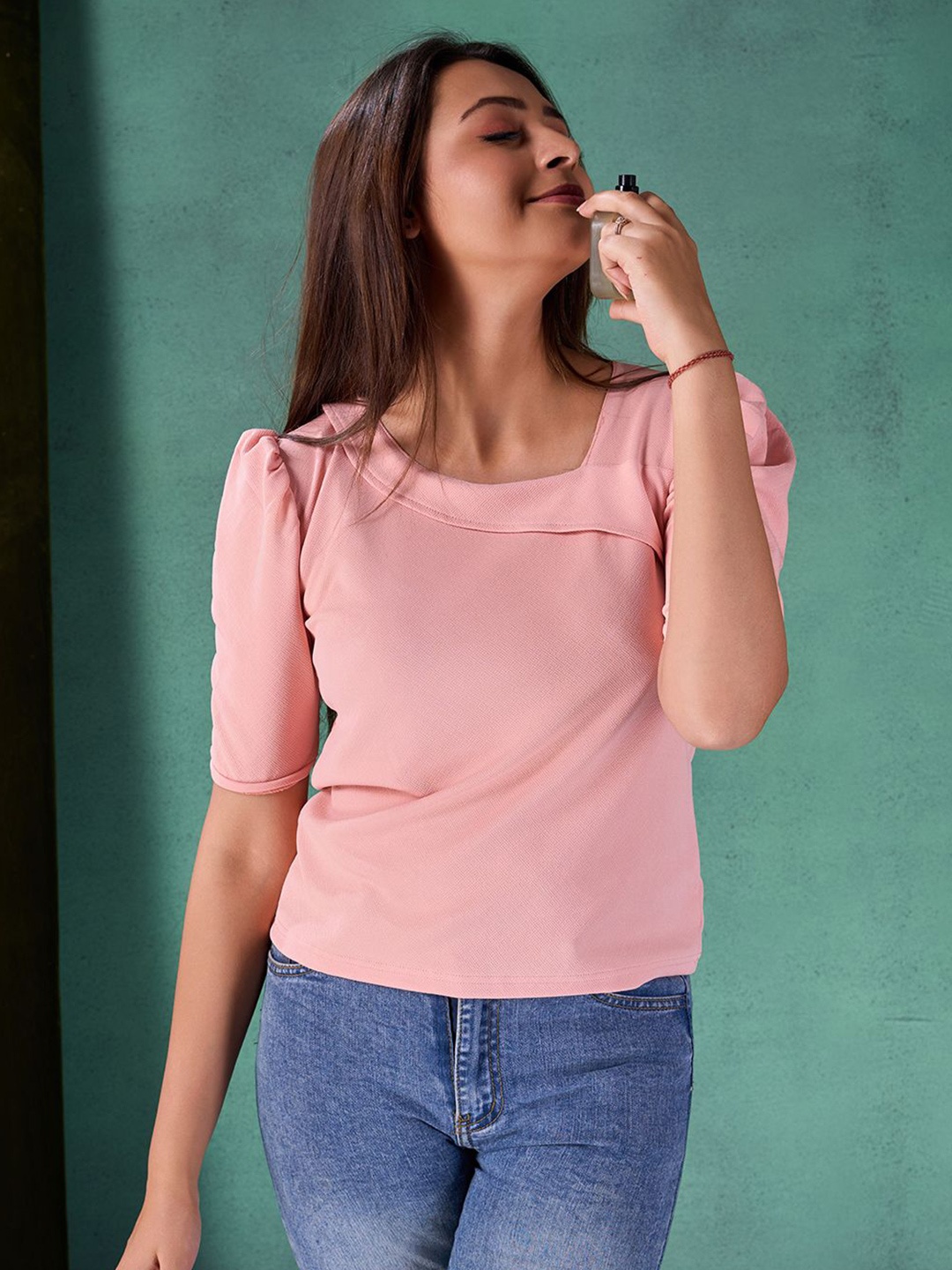 

Fashion FRICKS Halter Neck Puff Sleeve Crop Top, Pink