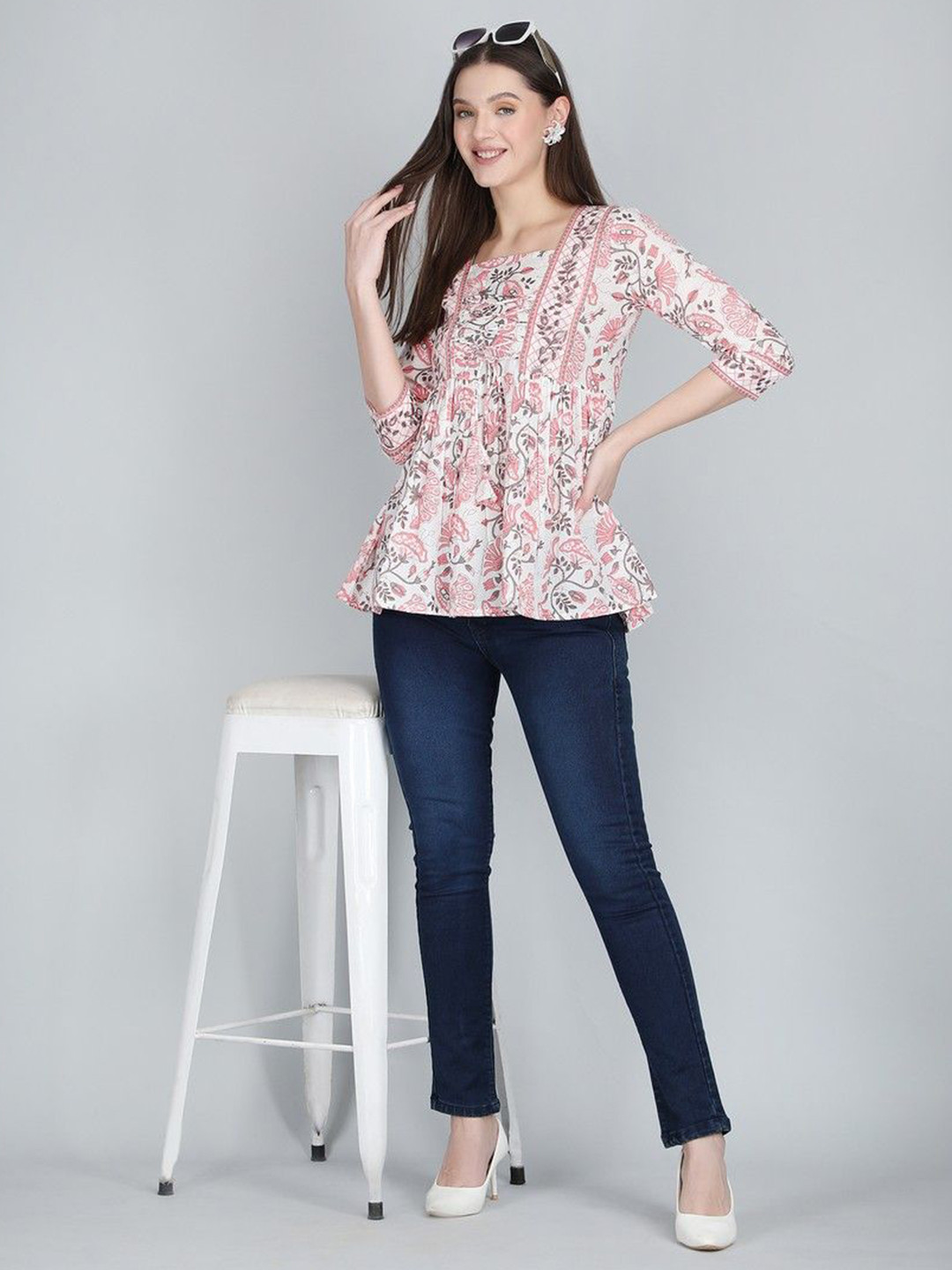 

ANANDITA Women Floral Printed Cotton Peplum Top, Pink