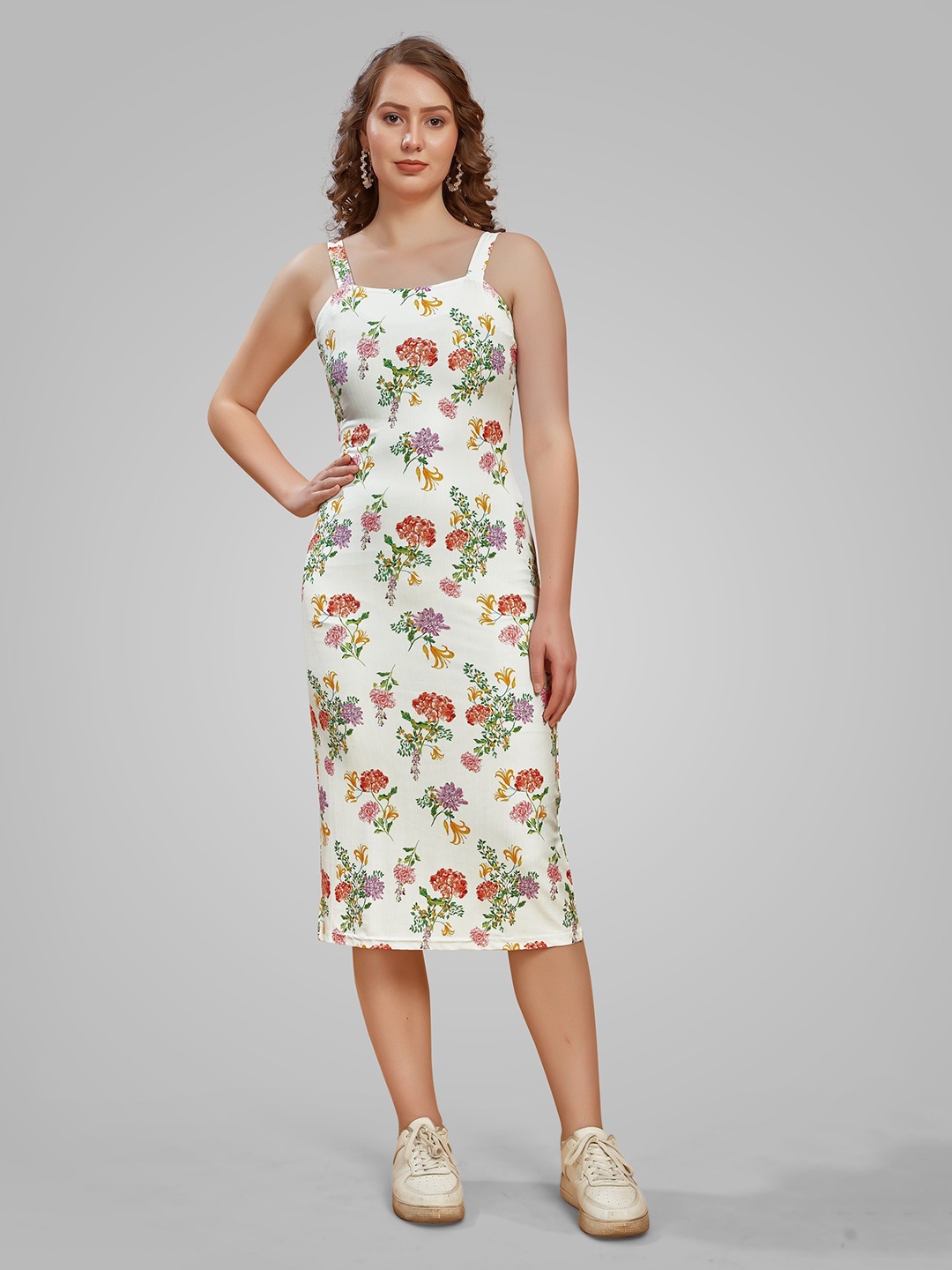 

Attire Empire Floral Print Bodycon Midi Dress, White