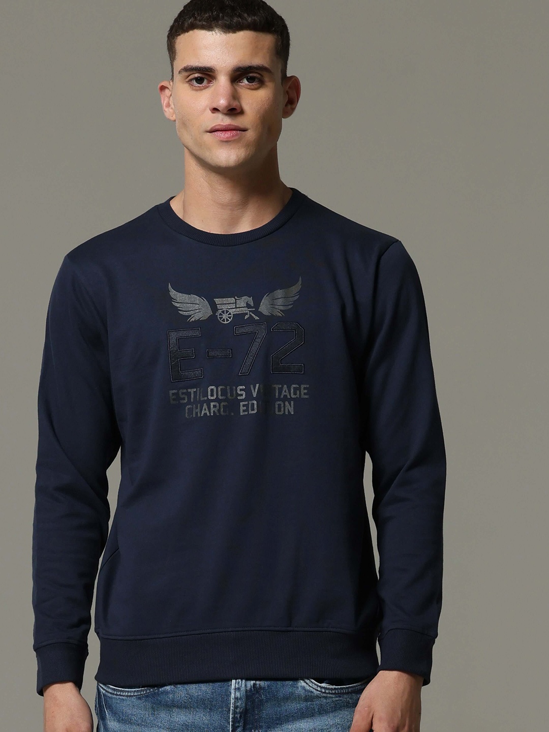 

Estilocus Men Printed Cotton Sweatshirt, Navy blue