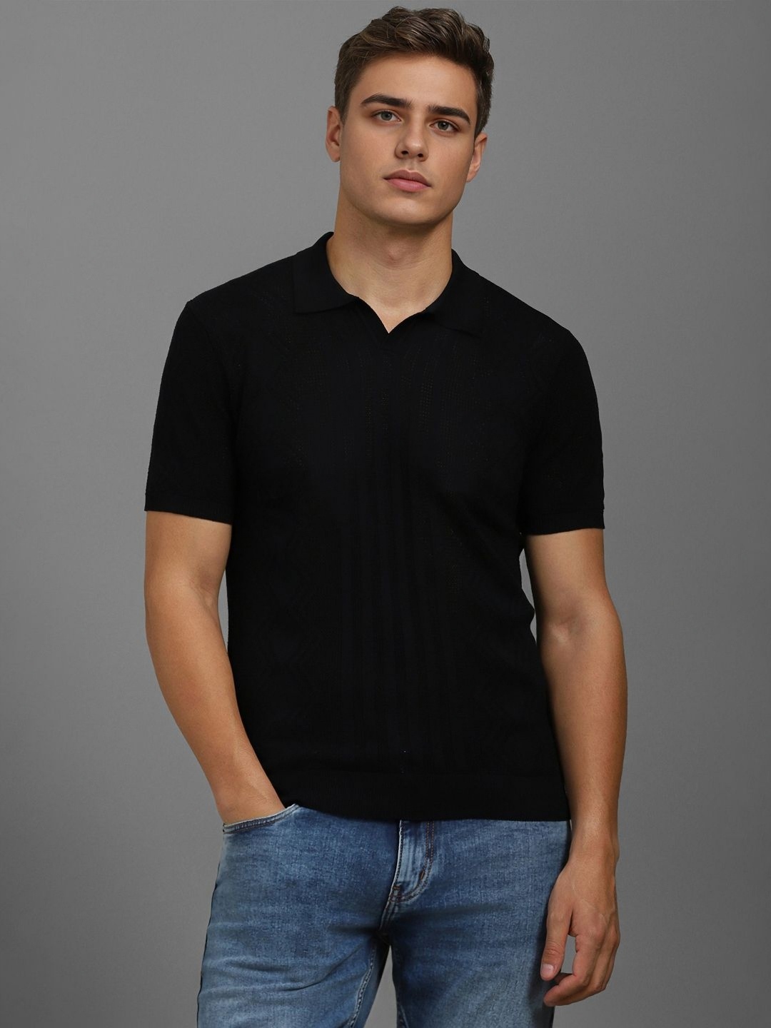 

Louis Philippe Jeans Men Self Design Polo Collar Cotton T-shirt, Black