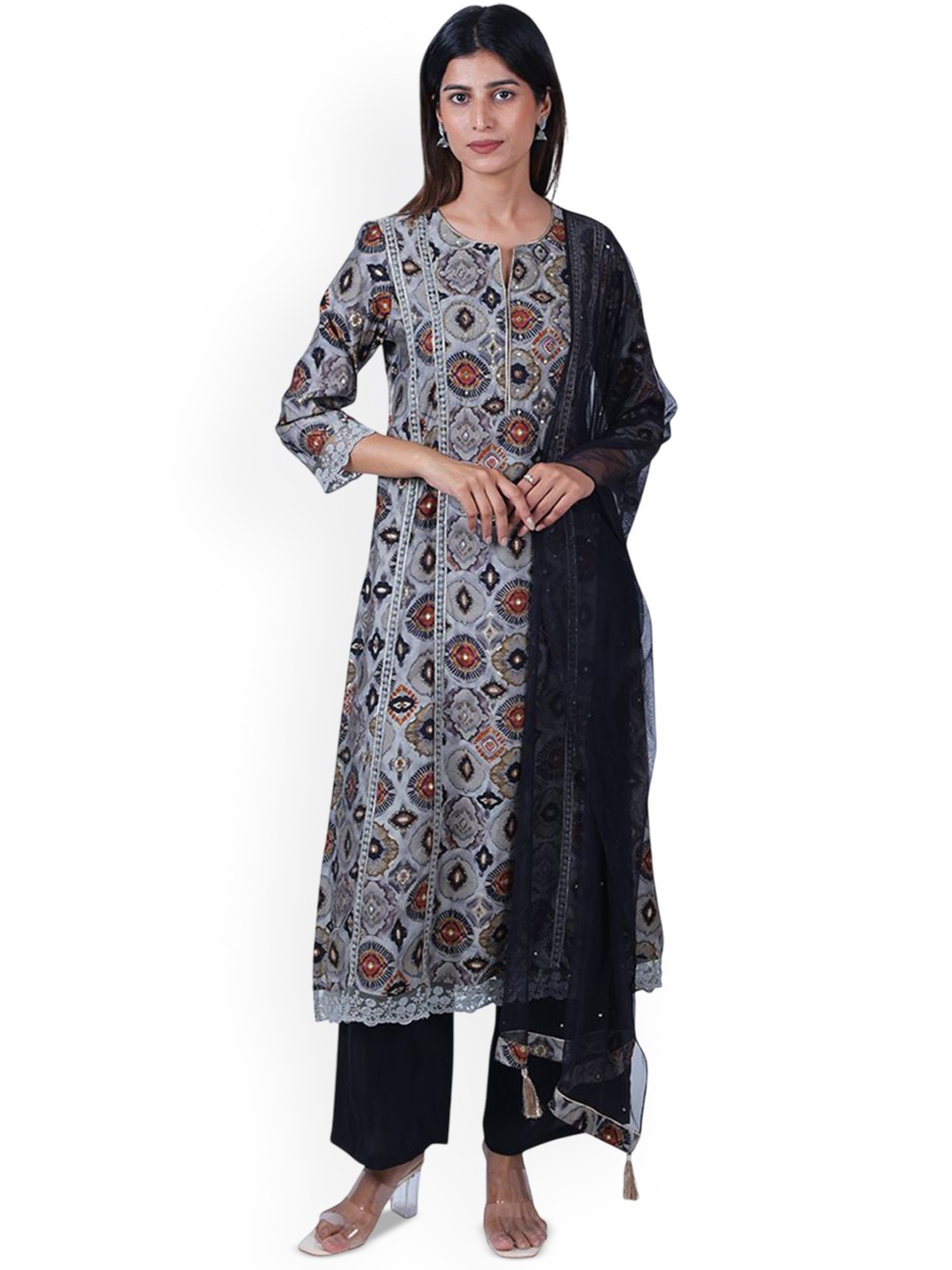 

HOUSE OF PARAL Ethnic Motifs Printed Panelled Kurta with Palazzos & Dupatta, Black