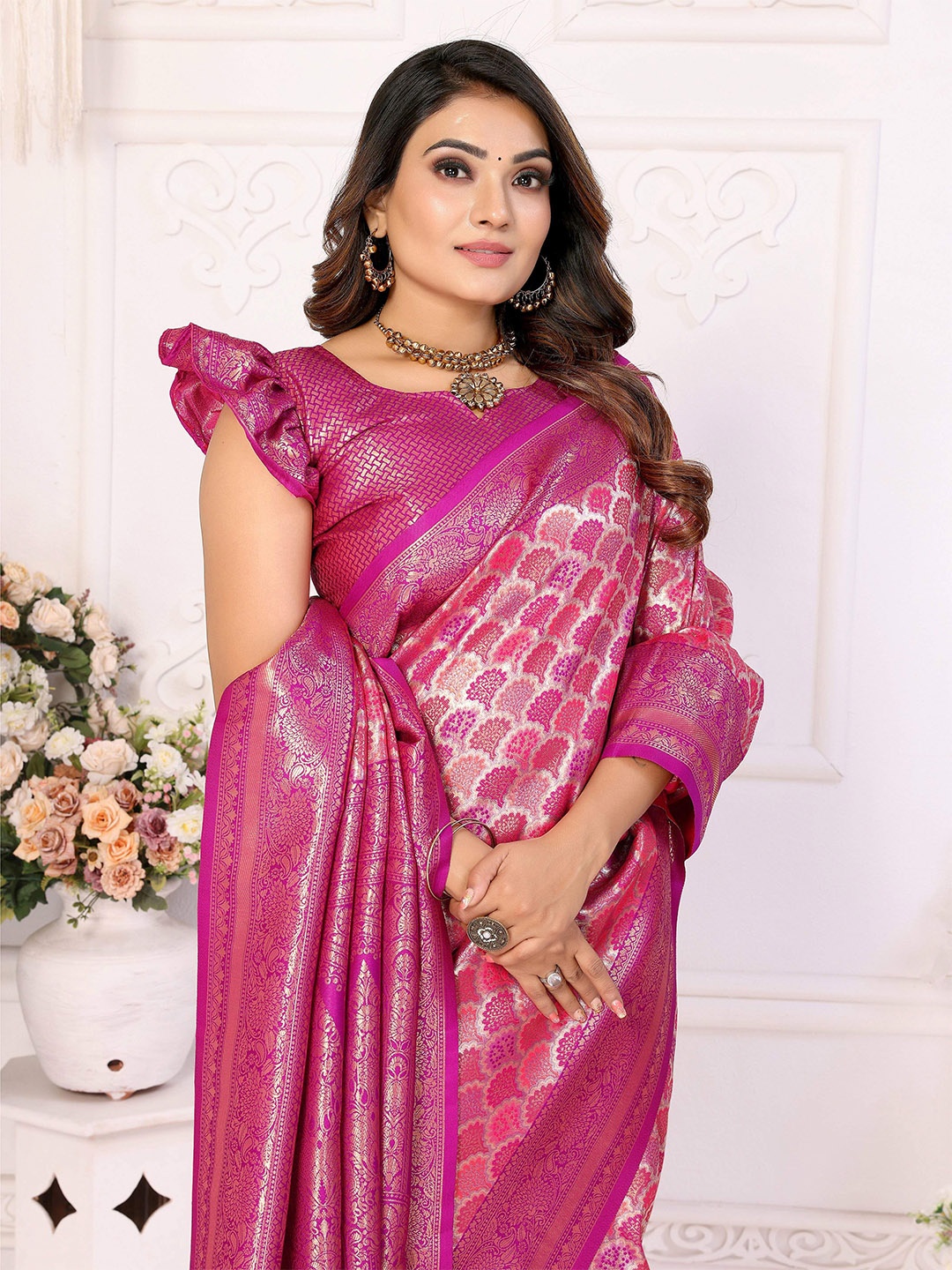 

Vintro Woven Design Zari Pure Silk Banarasi Saree, Magenta