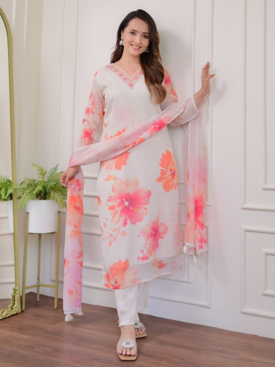 

KALINI Floral Printed Thread Work V-Neck Organza Straight Kurta With Trouser & Dupatta, Cream