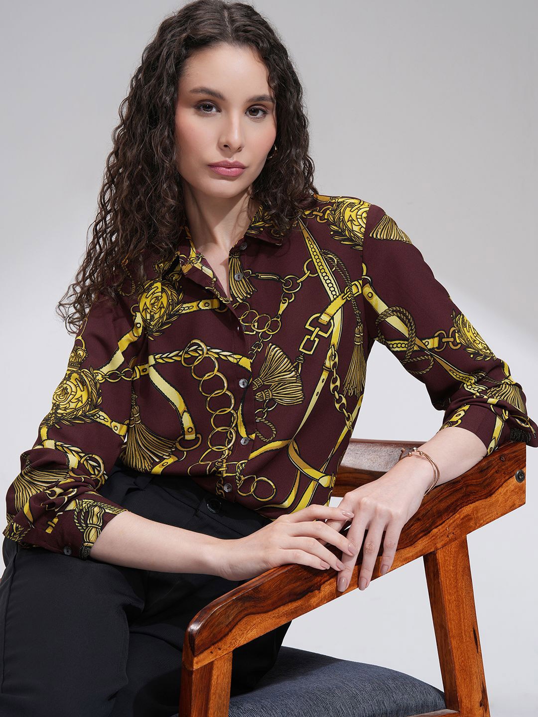 

Tokyo Talkies Women Printed Button-Down Holiday Shirt, Burgundy