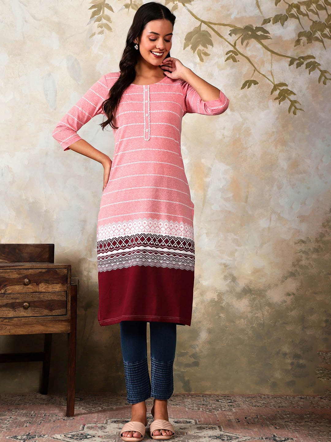 

AURELIA Ethnic Motifs Round Neck Straight Kurta With Trousers & Dupatta, Peach