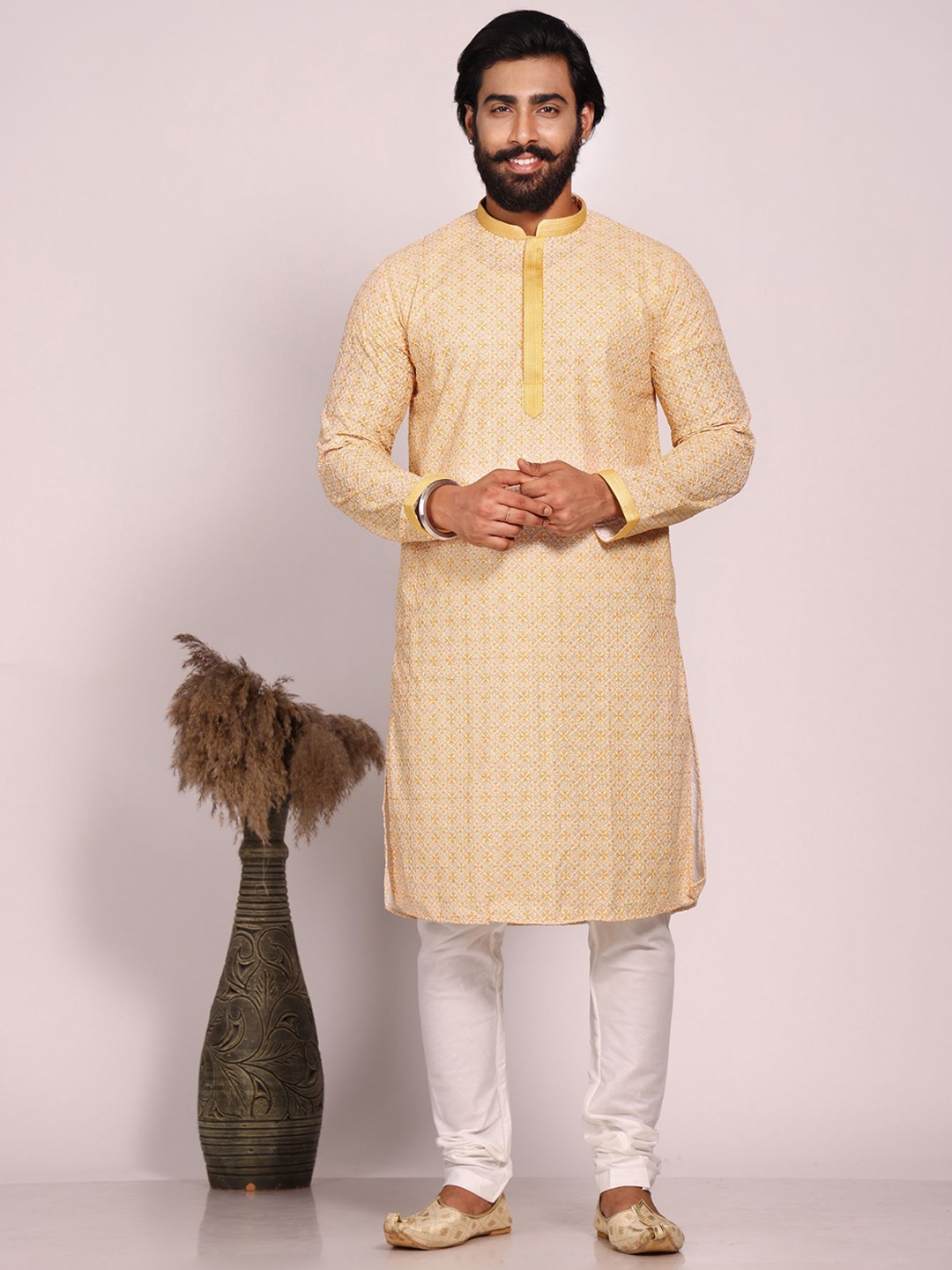 

KHAAS Ethnic Motifs Woven Design Mandarin Collar Pure Cotton Straight Kurta, Yellow