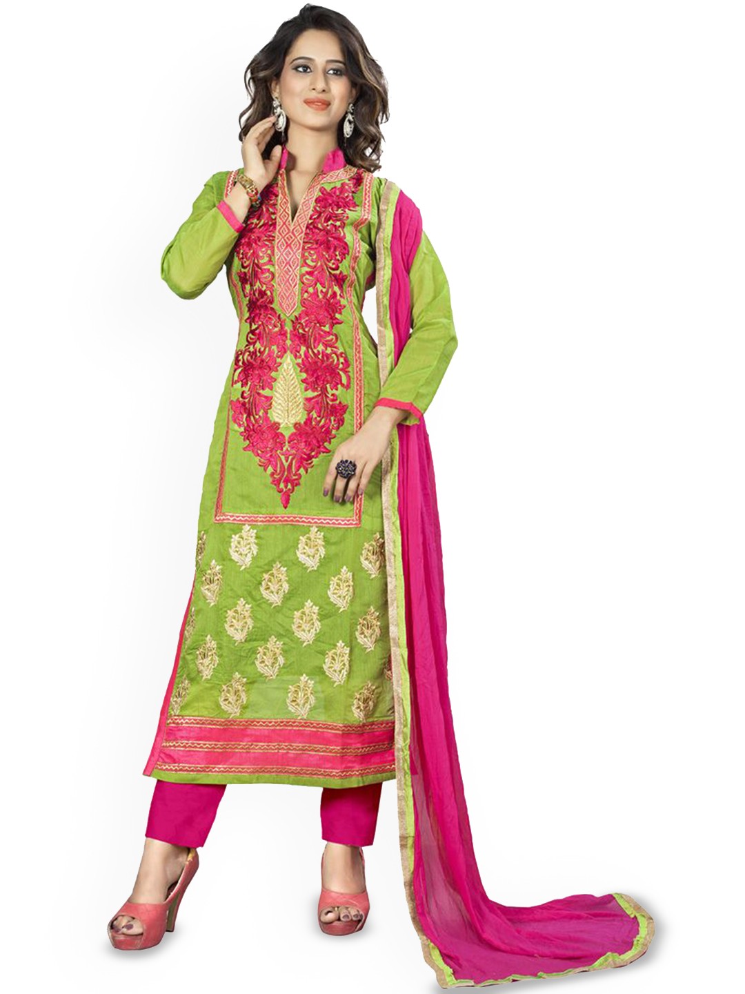 

HERE&NOW Floral Embroidered Chanderi Cotton Unstitched Dress Material, Green