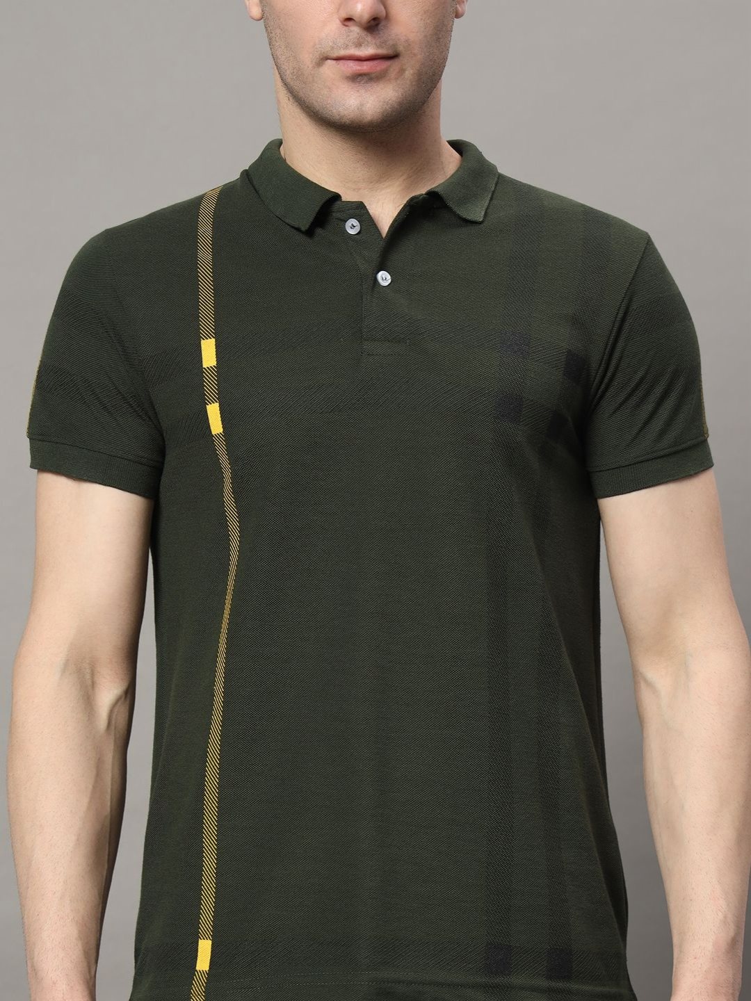 

RELANE Men Striped Polo Collar Cotton T-shirt, Olive