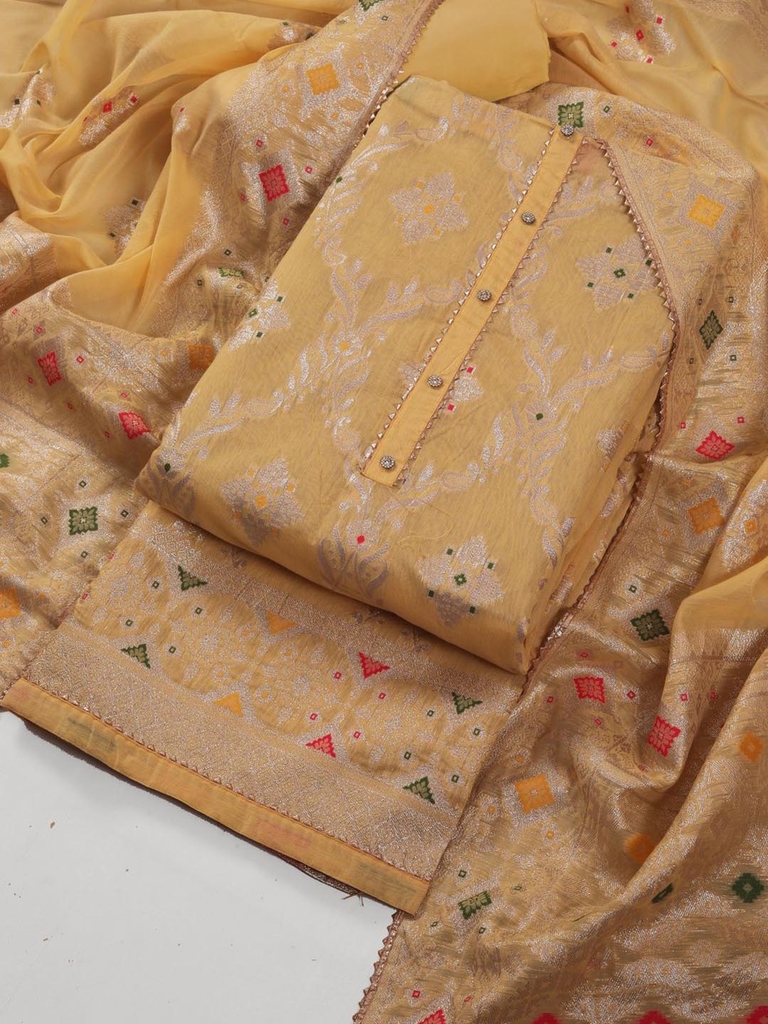 

Riti Floral Floral Woven Design Gotta Patti Unstitched Dress Material, Yellow