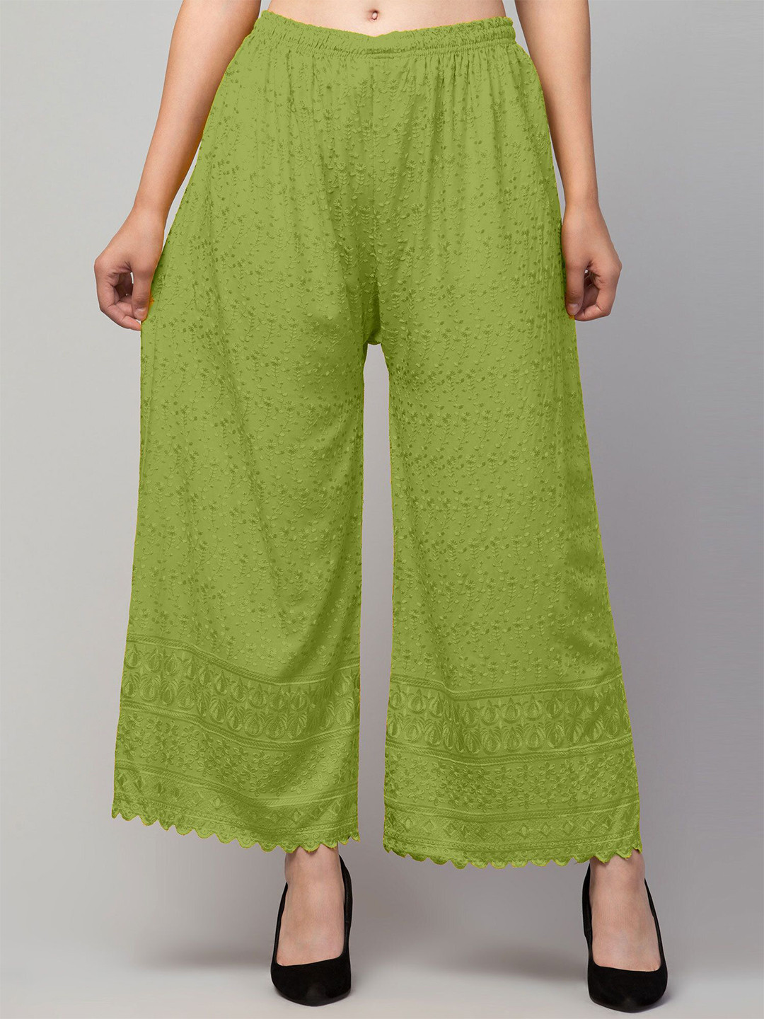 

FAMBEE Women Floral Embroidered Flared Knitted Palazzos, Green
