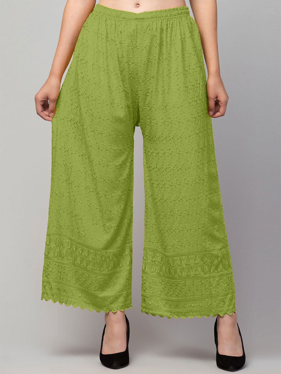 

FAMBEE Women Floral Flared Knitted Palazzos, Green