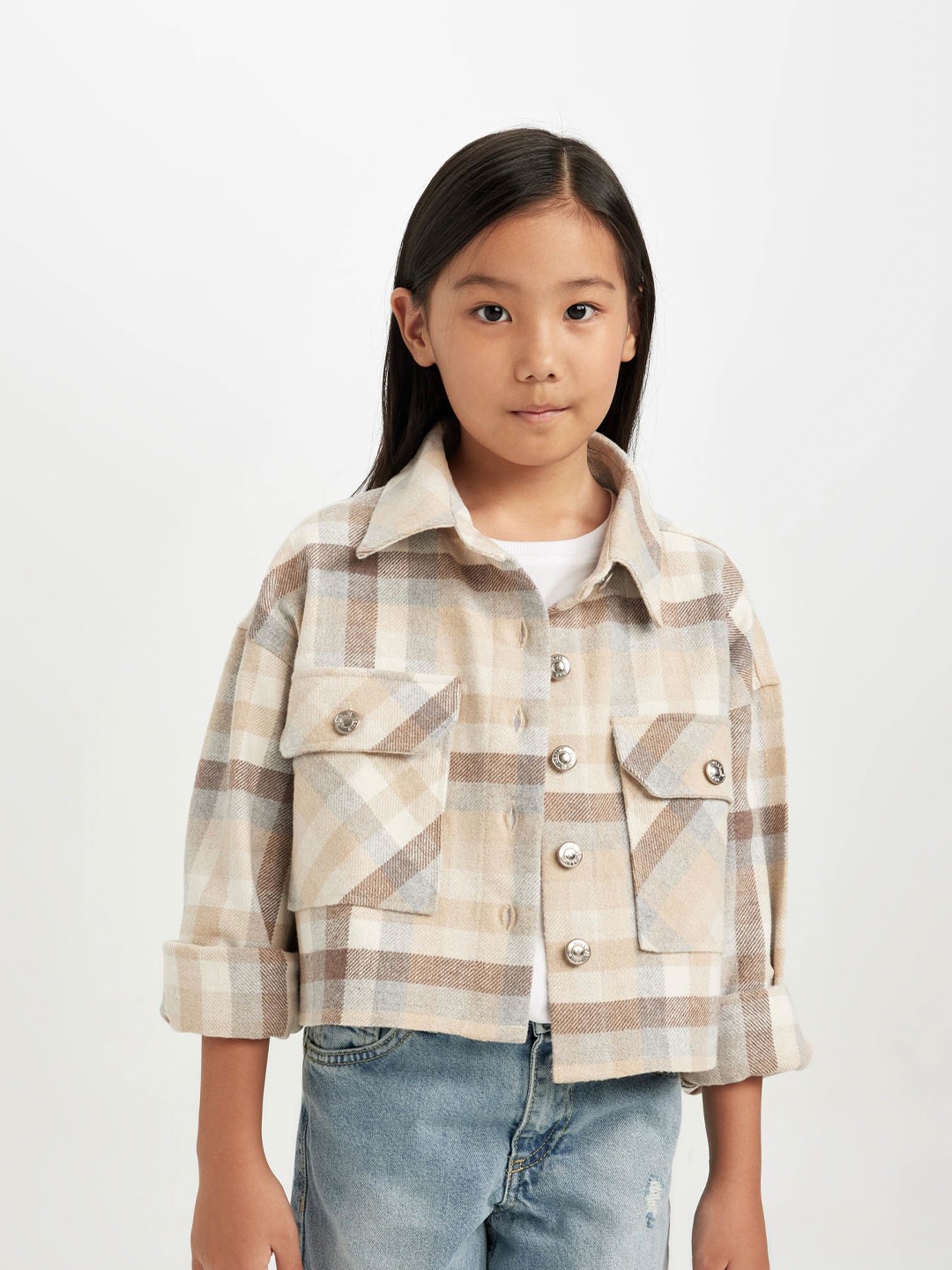 

DeFacto Girls Relaxed Fit Spread Collar Tartan Checked Casual Shirt, Beige