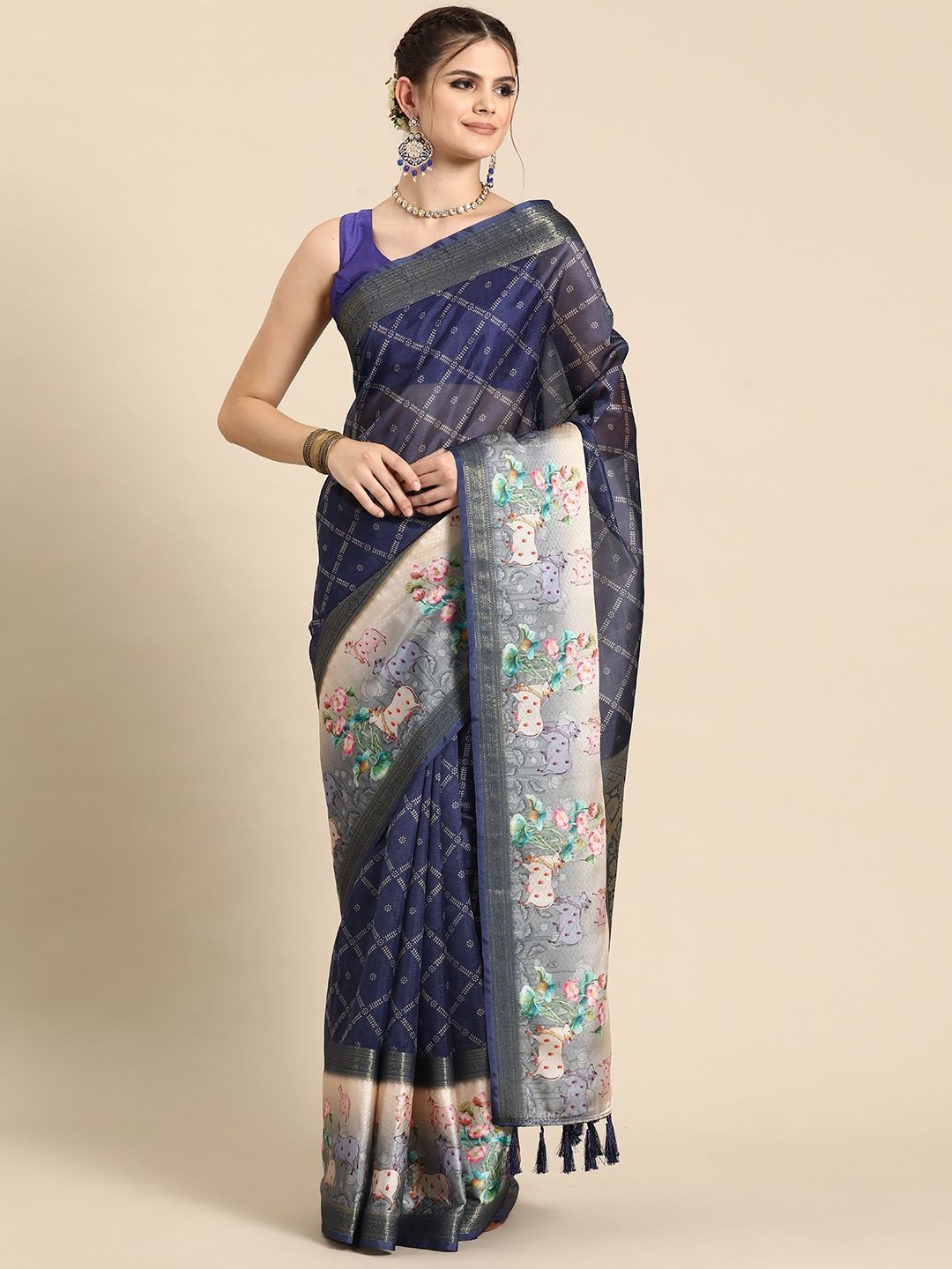 

DIVASTRI Zari Silk Blend Kanjeevaram Saree, Navy blue