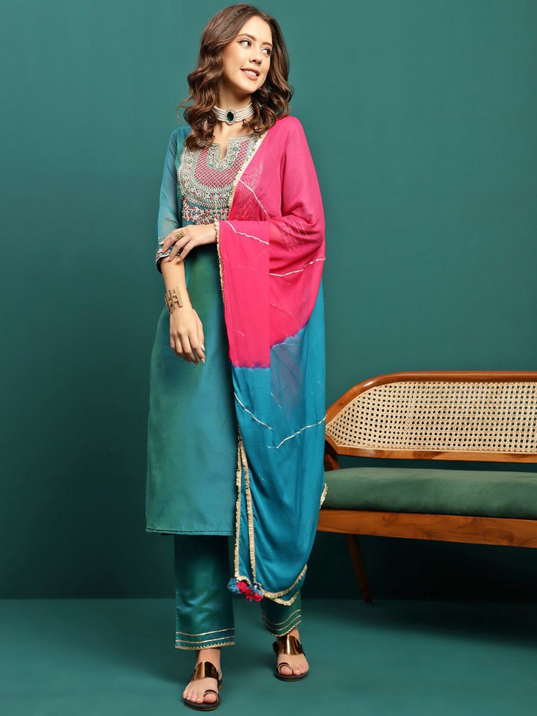 

Sangria Blue Floral Embroidered Zari Straight Chanderi Silk Kurta With Trouser & Dupatta, Turquoise blue