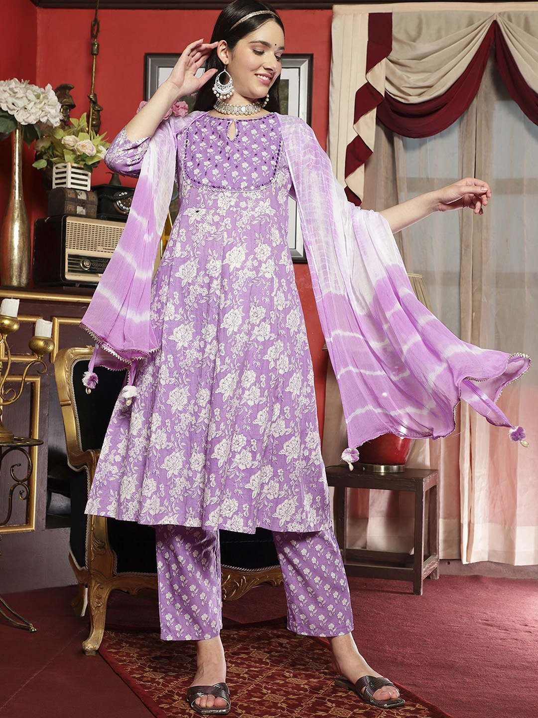 

Sangria Mauve Floral Embroidered Round Neck Straight Kurta With Trouser And Dupatta