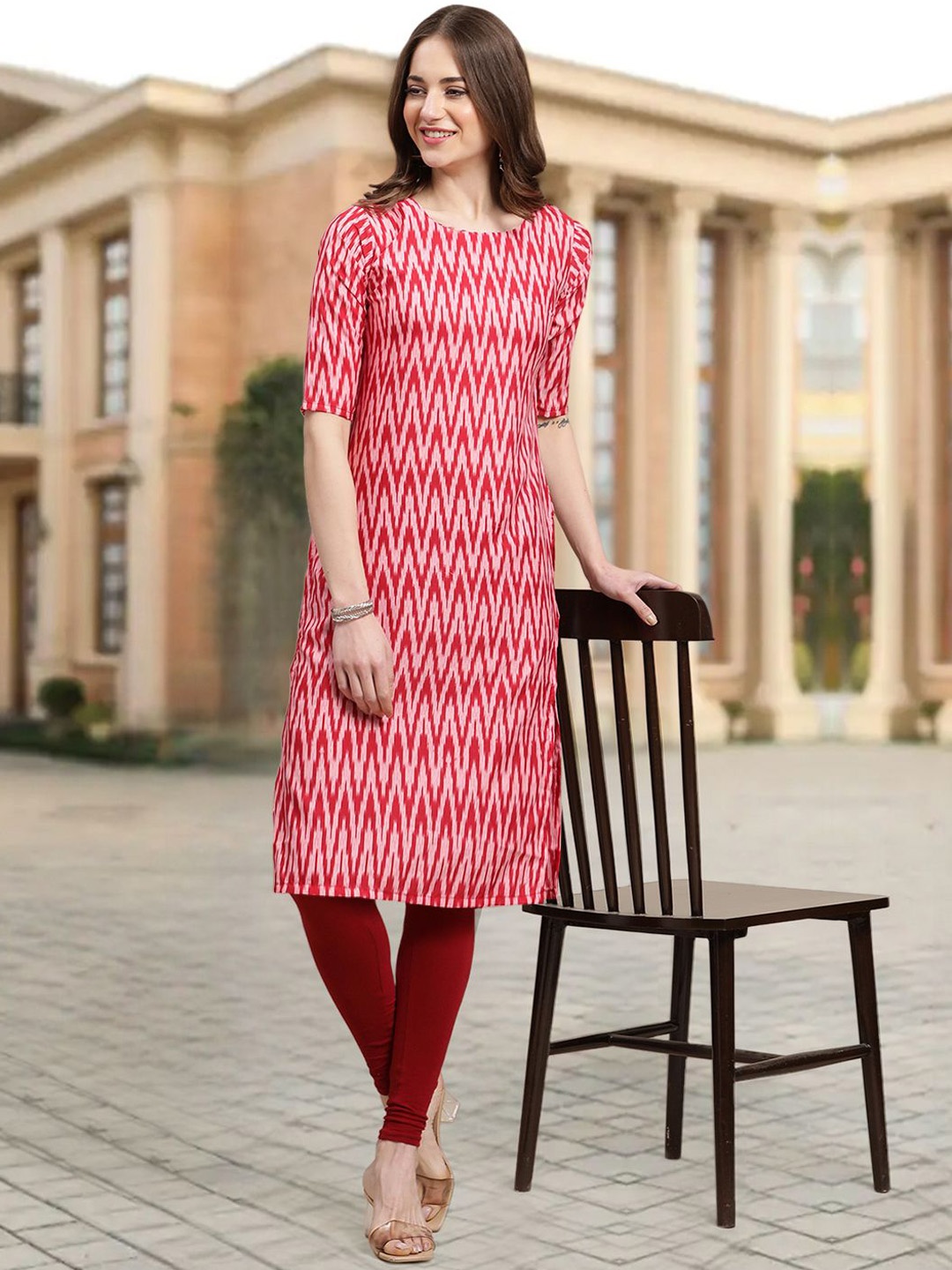 

7Threads Chevron Printed Round Neck Straight Kurta, Pink