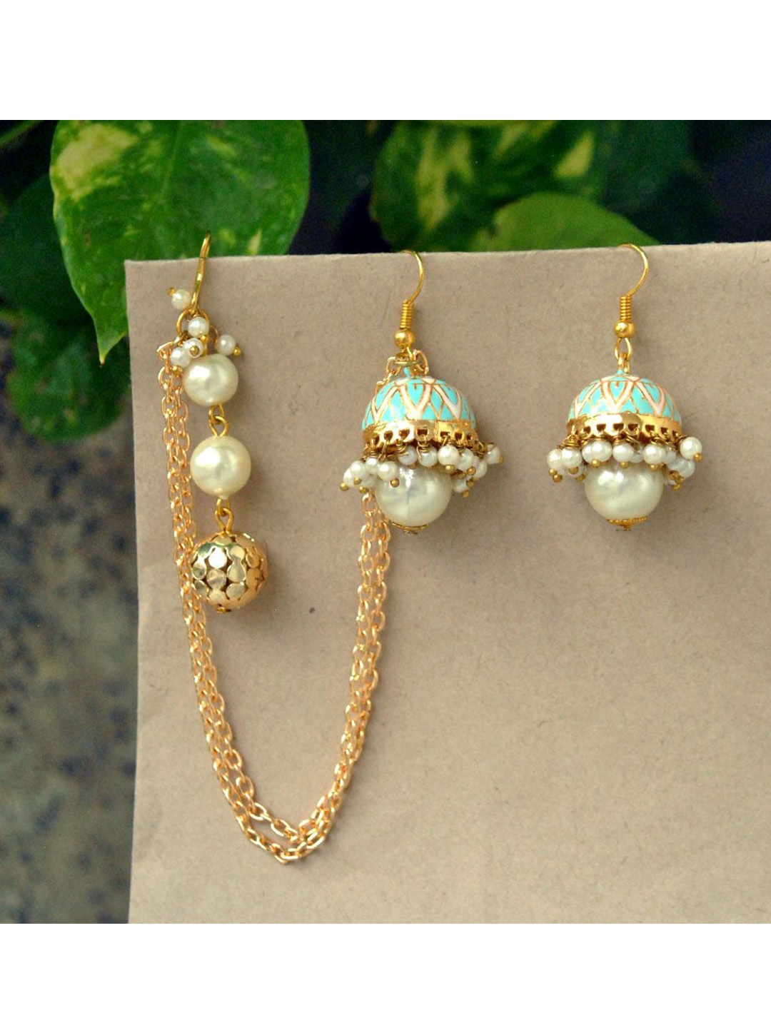 

BeAbhika Gold-Plated Pearls Beaded Dome Shaped Meenakari Neel Kamal Jhumkas Earrings