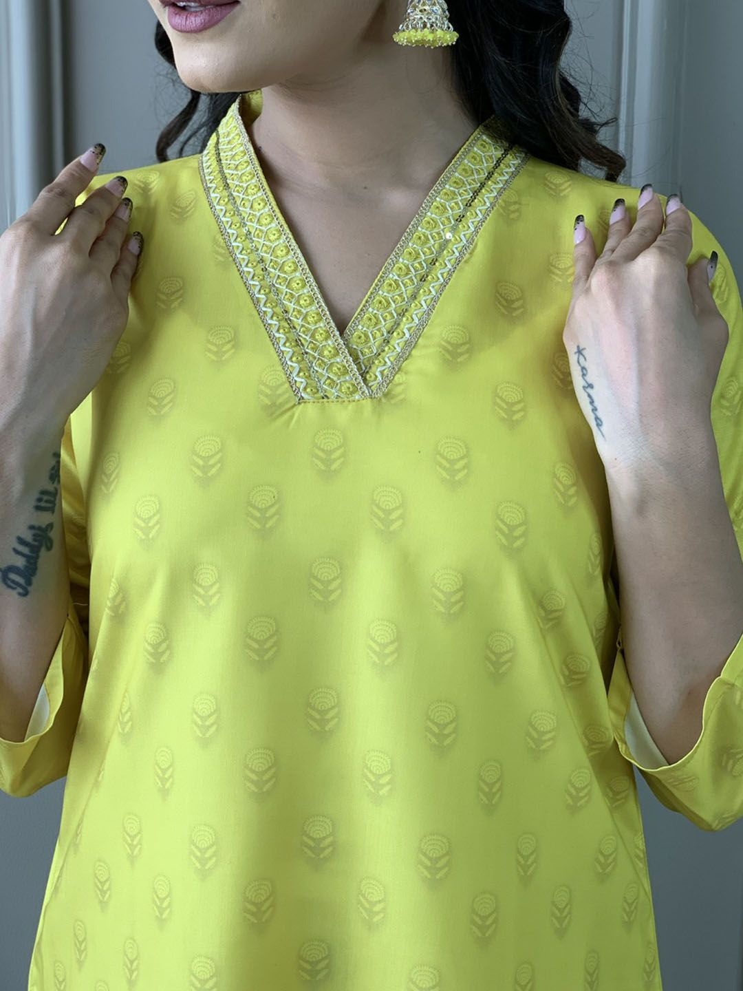 

KALINI Floral Printed V-Neck Kurta With Trouser And Dupatta, Yellow