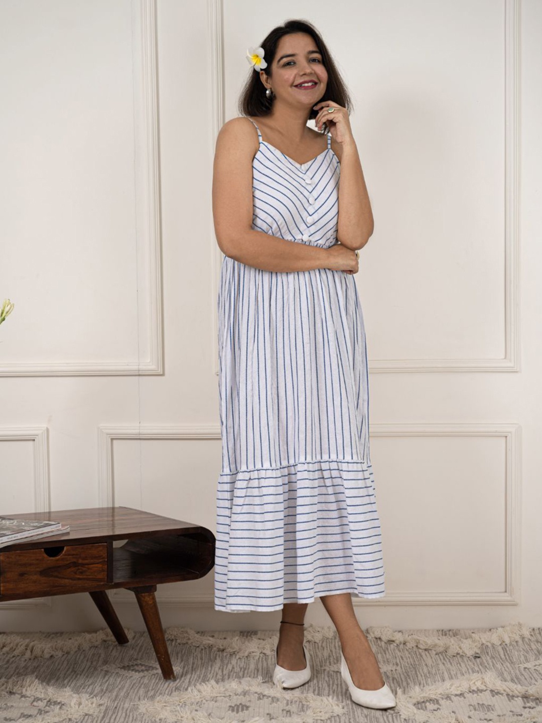

Label Tanvee Striped Cotton Fit & Flare Midi Dress, White