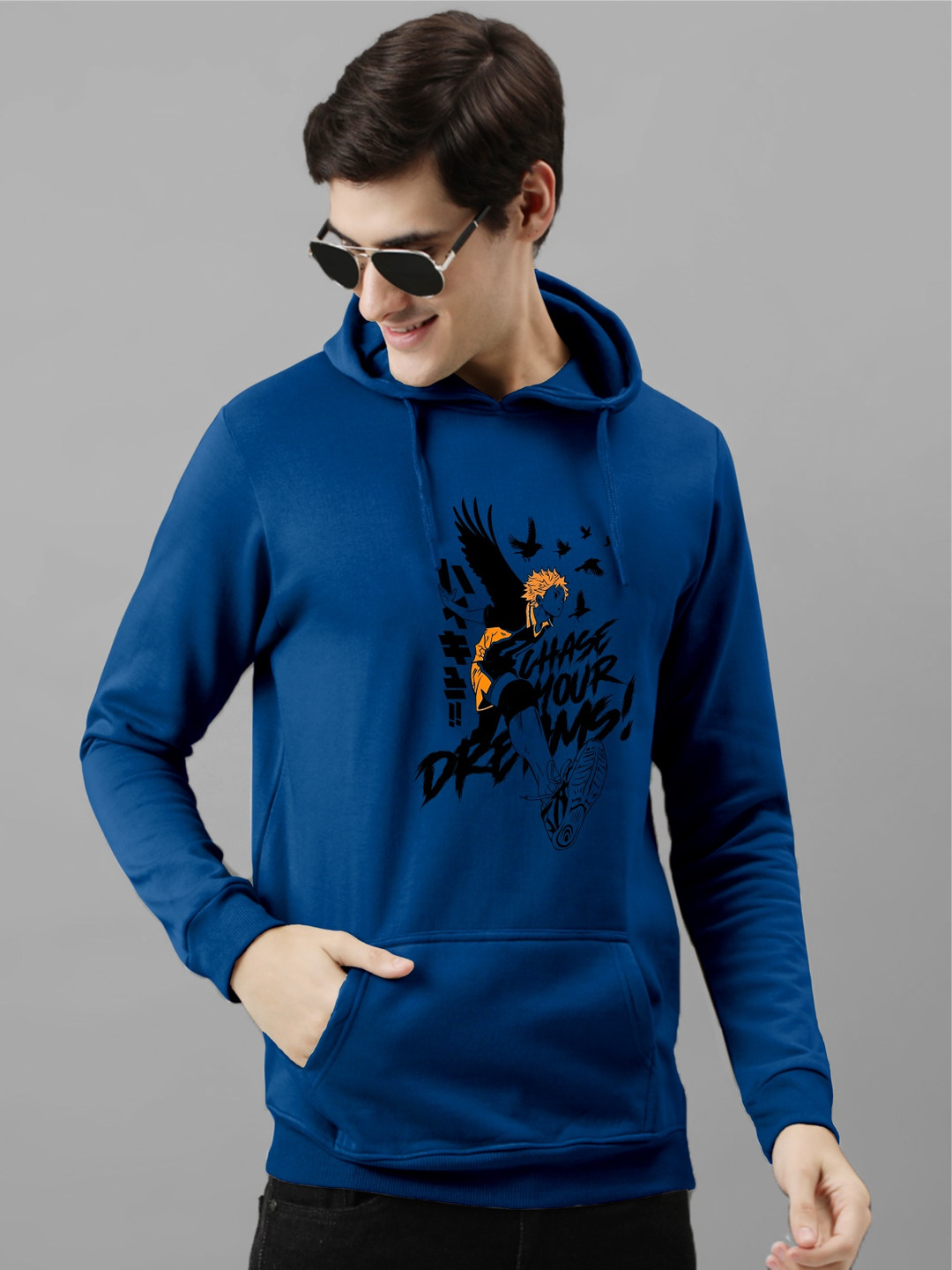 

ADRO Men Cotton Printed Hooded Sweatshirt, Blue