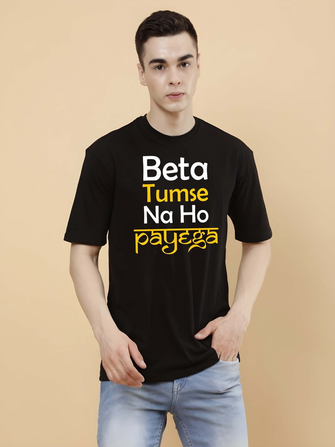 

Krimmple Men Typography Printed Round Neck Cotton T-shirt, Black