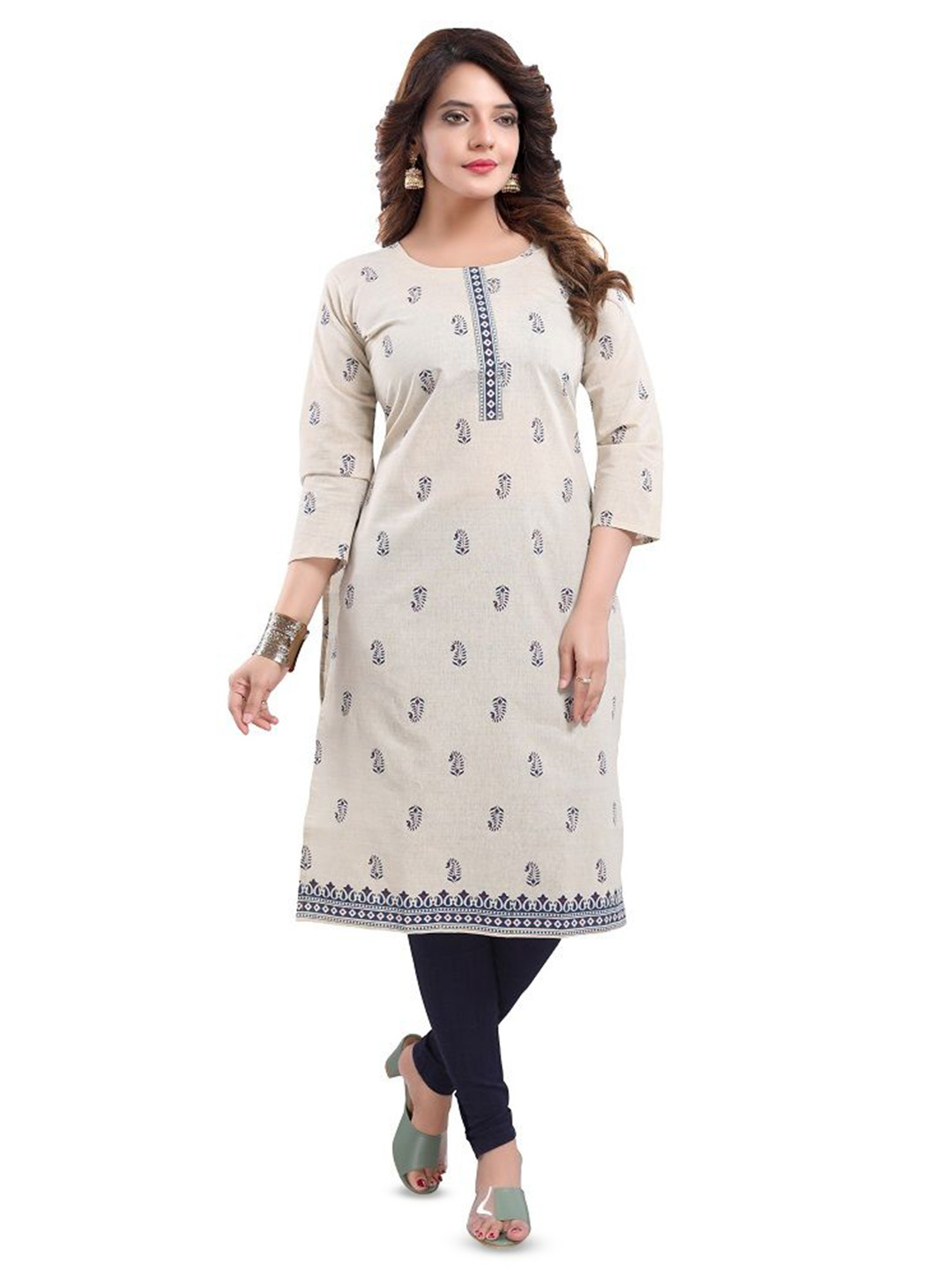 

DREAM & DZIRE Ethnic Motifs Printed Round Neck Pure Cotton Kurta, Navy blue