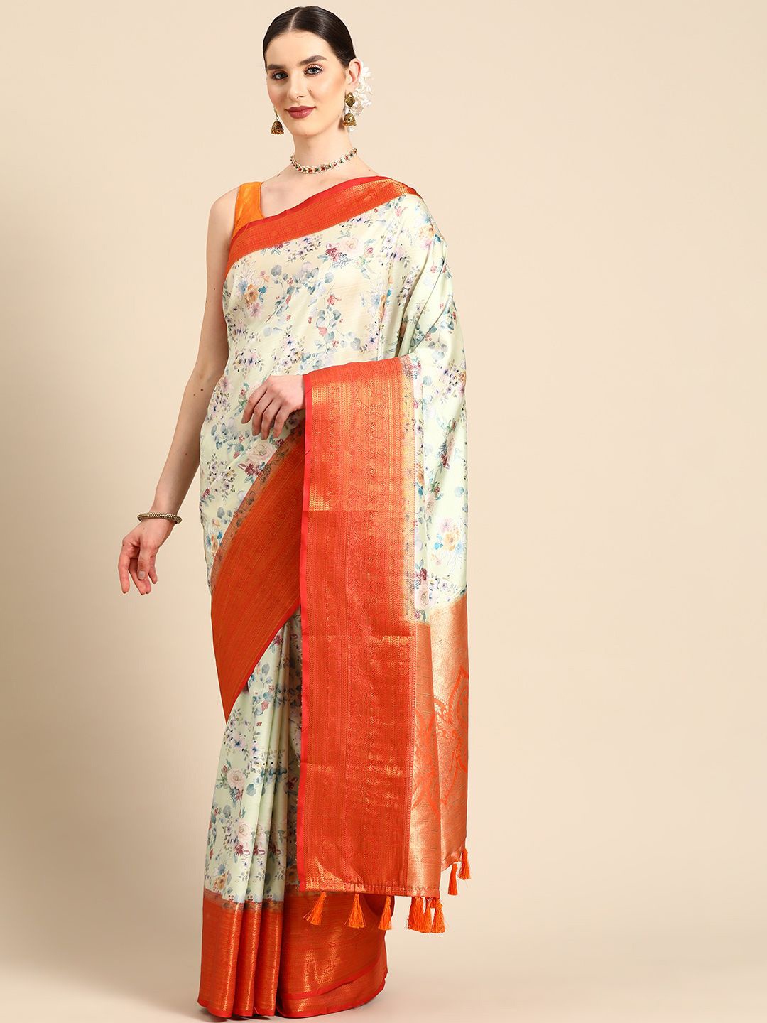 

DIVASTRI Soft Silk Floral Digital Printed Banarasi Saree with Woven Border & Pallu, Green