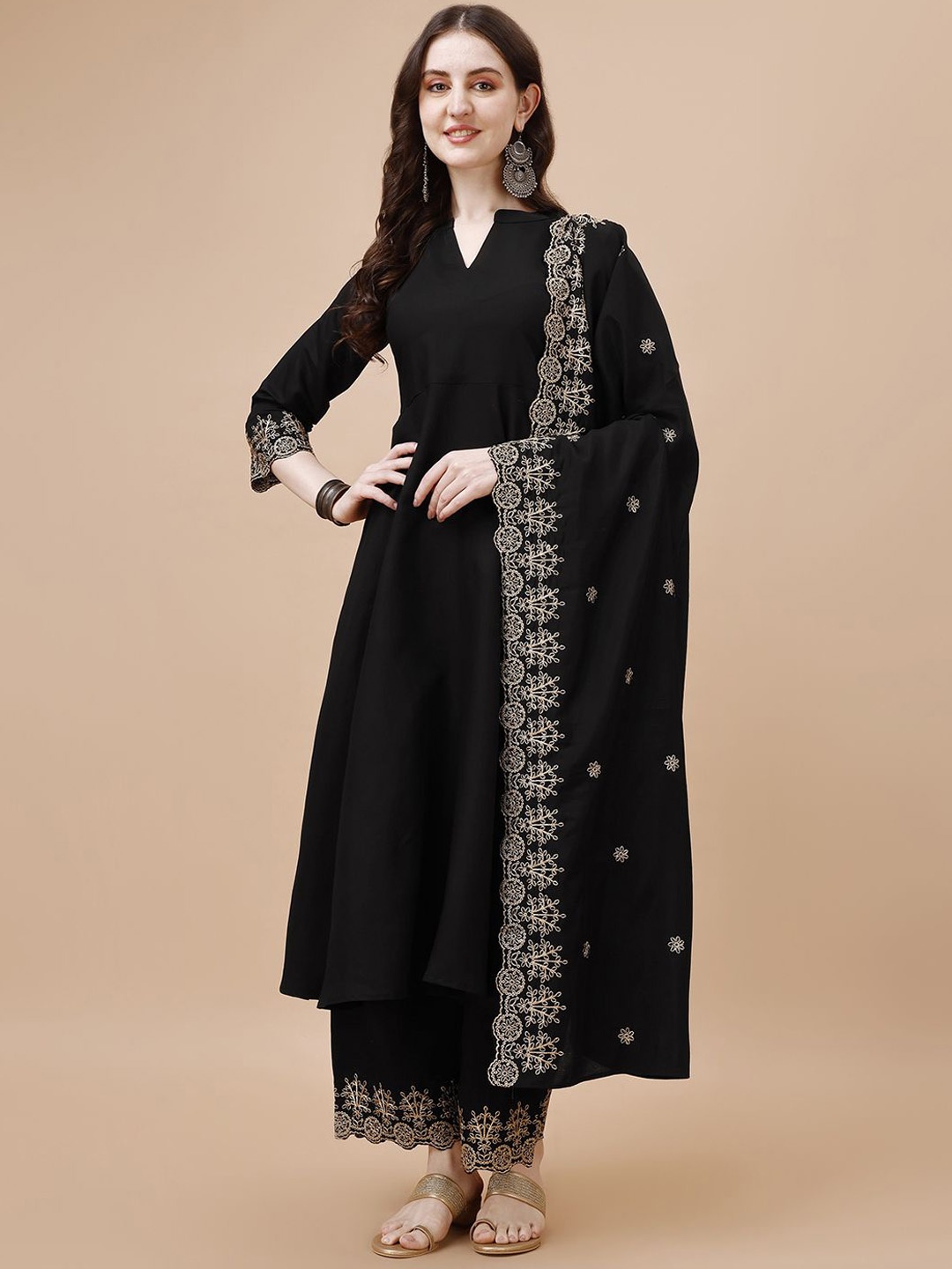 

KALINI Mandarin Collar A-Line Kurta With Trousers & Dupatta, Black