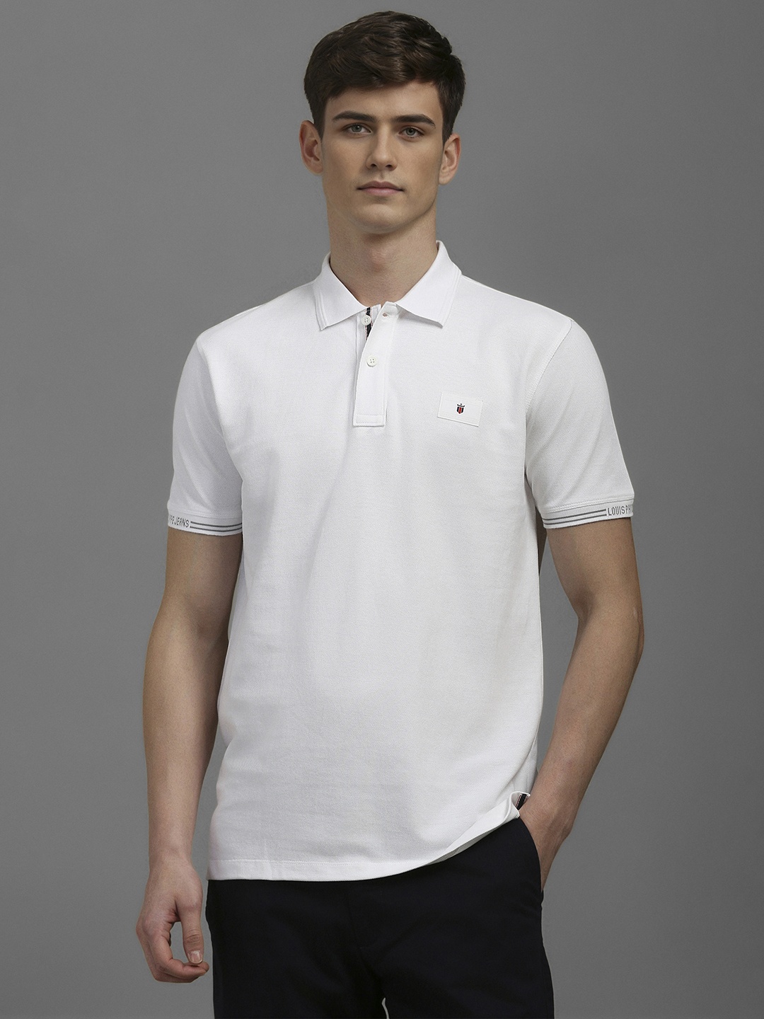 

Louis Philippe Jeans Men Solid Polo Collar Cotton Slim Fit T-shirt, White