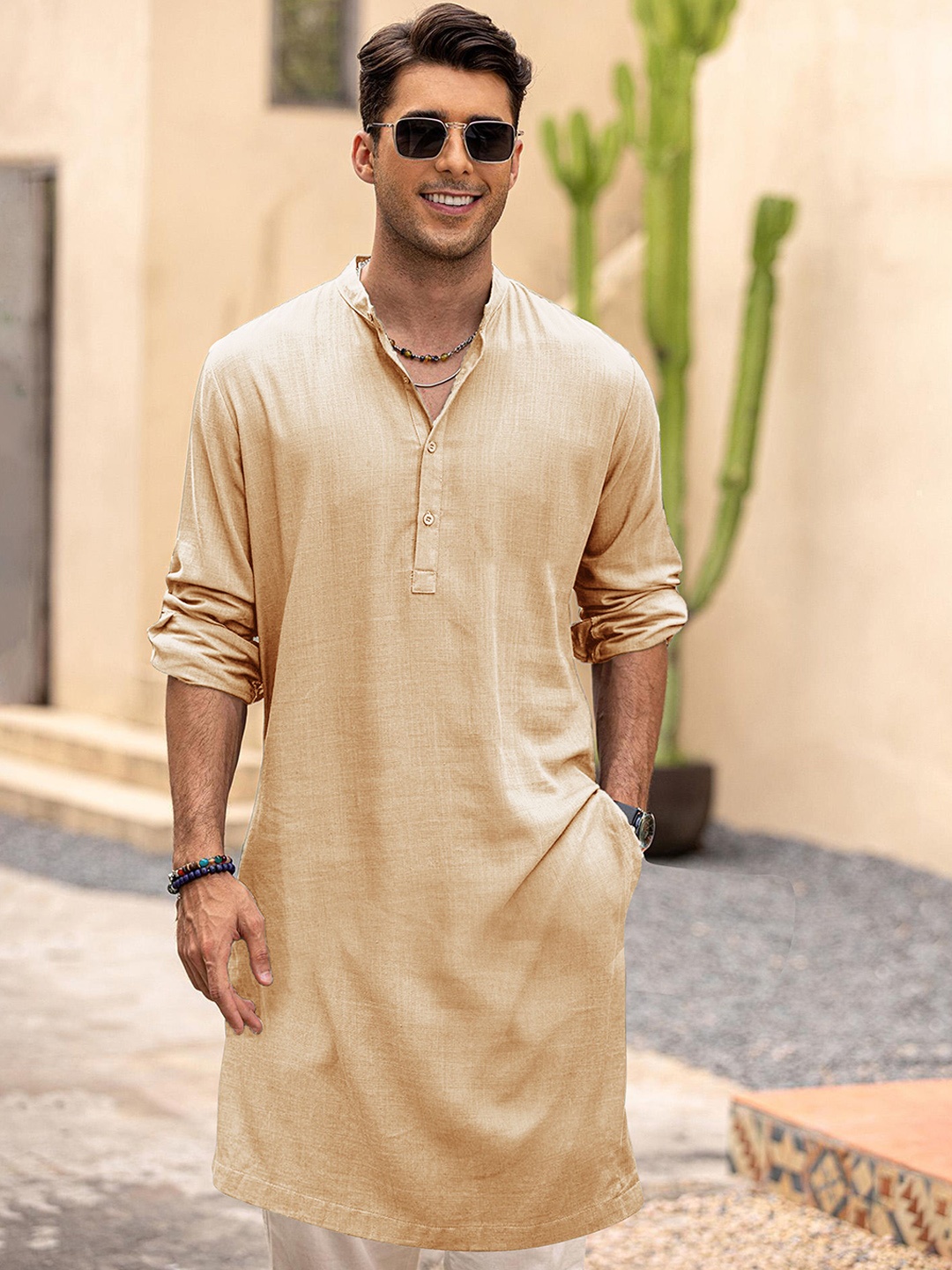 

Anouk Beige Band Collar Roll-Up Sleeve Straight Kurta