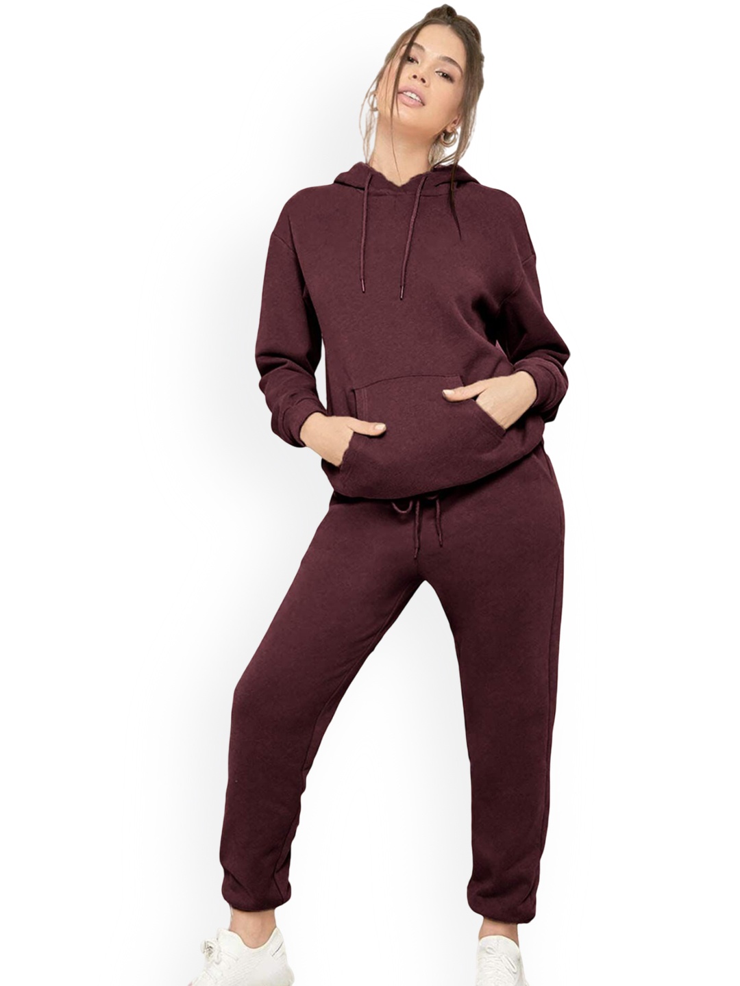 

NOTWILD Women Plus Size Hooded Neck Cotton Tracksuits, Maroon